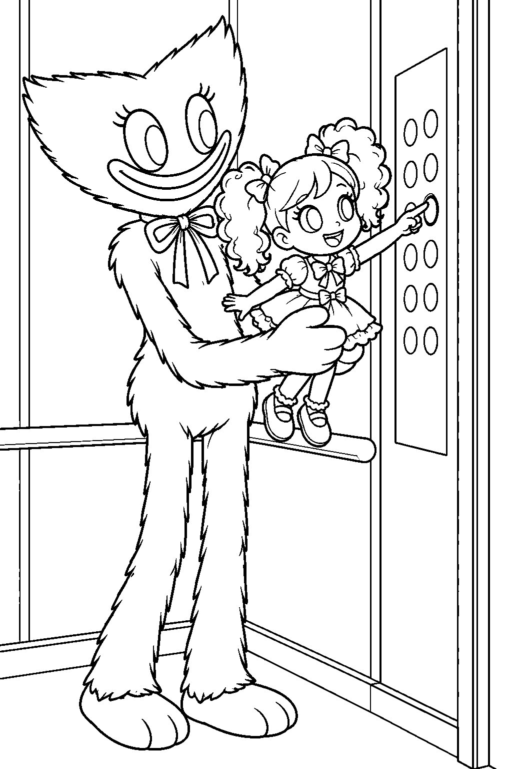 kissy missy helping poppy reach the elevator control panel line art