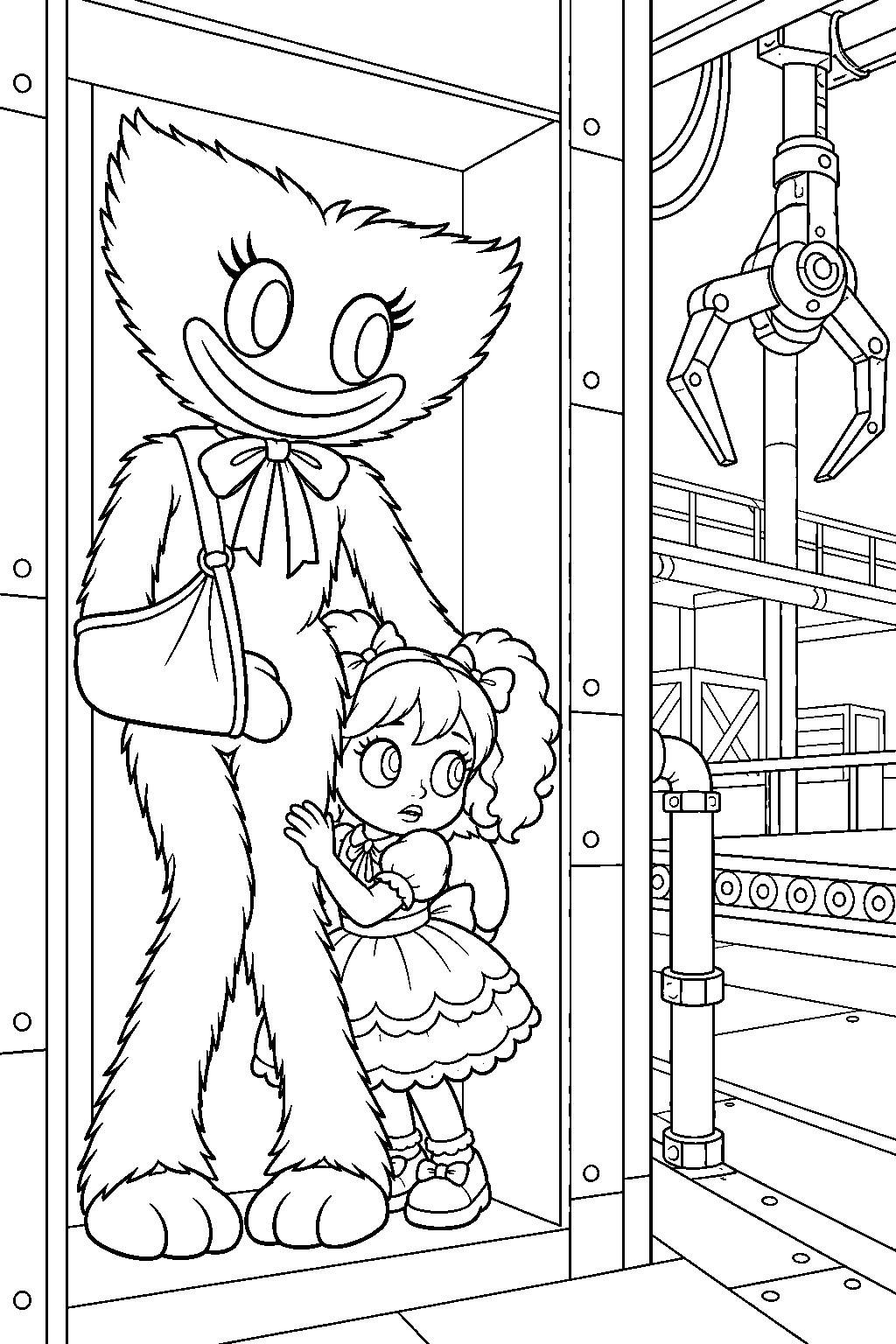kissy missy hiding with poppy from the prototype in a factory wall recess line art