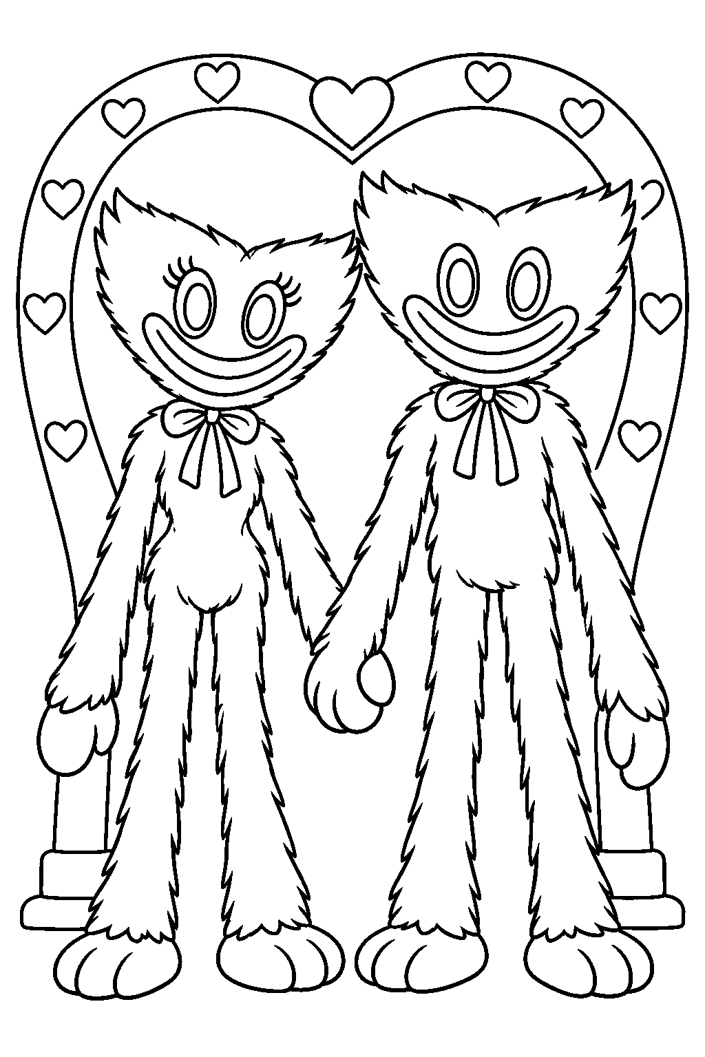 kissy missy holding hands with huggy wuggy beneath a heart arch line art