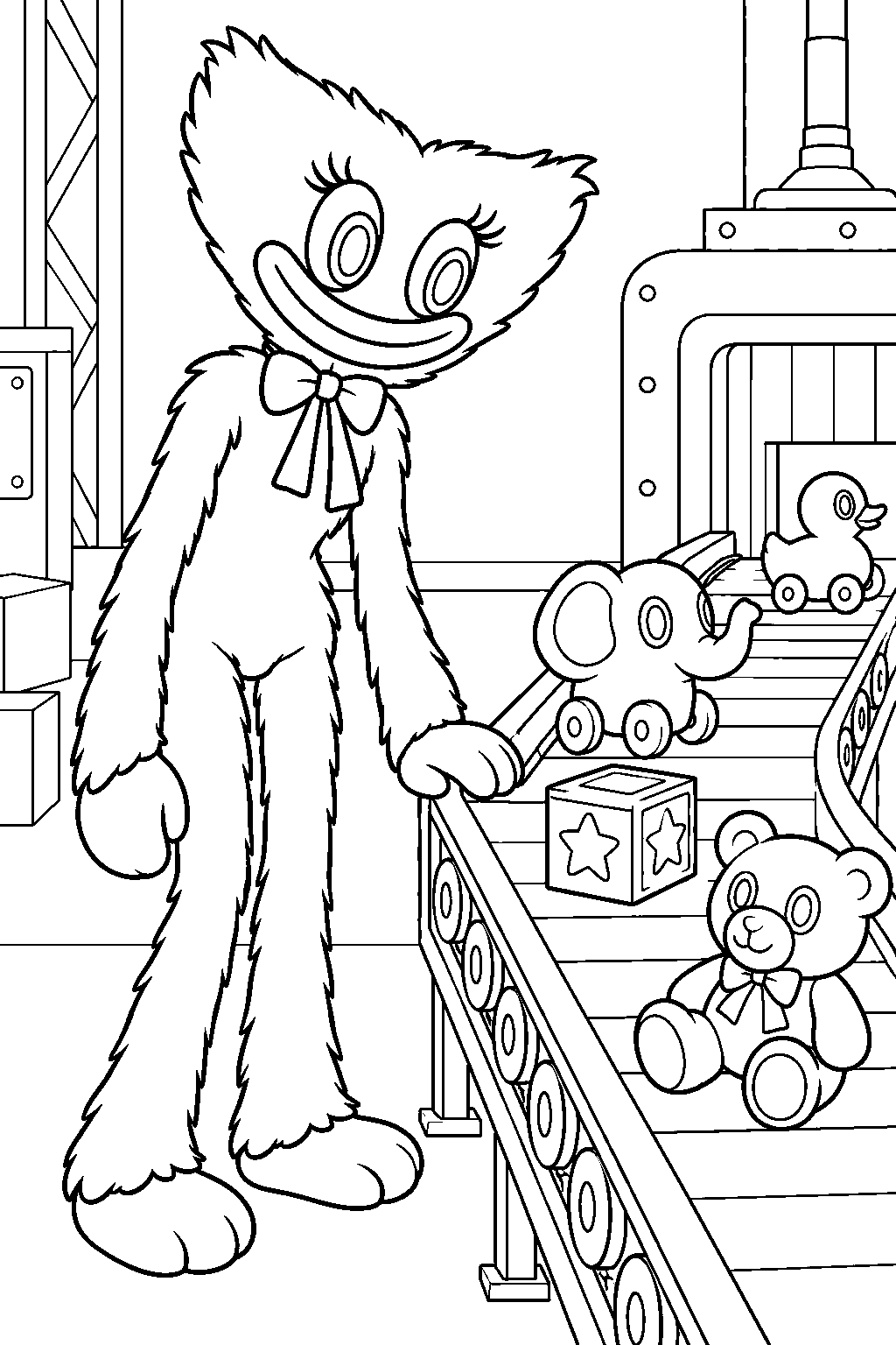 kissy missy inspecting a conveyor belt filled with toys line art