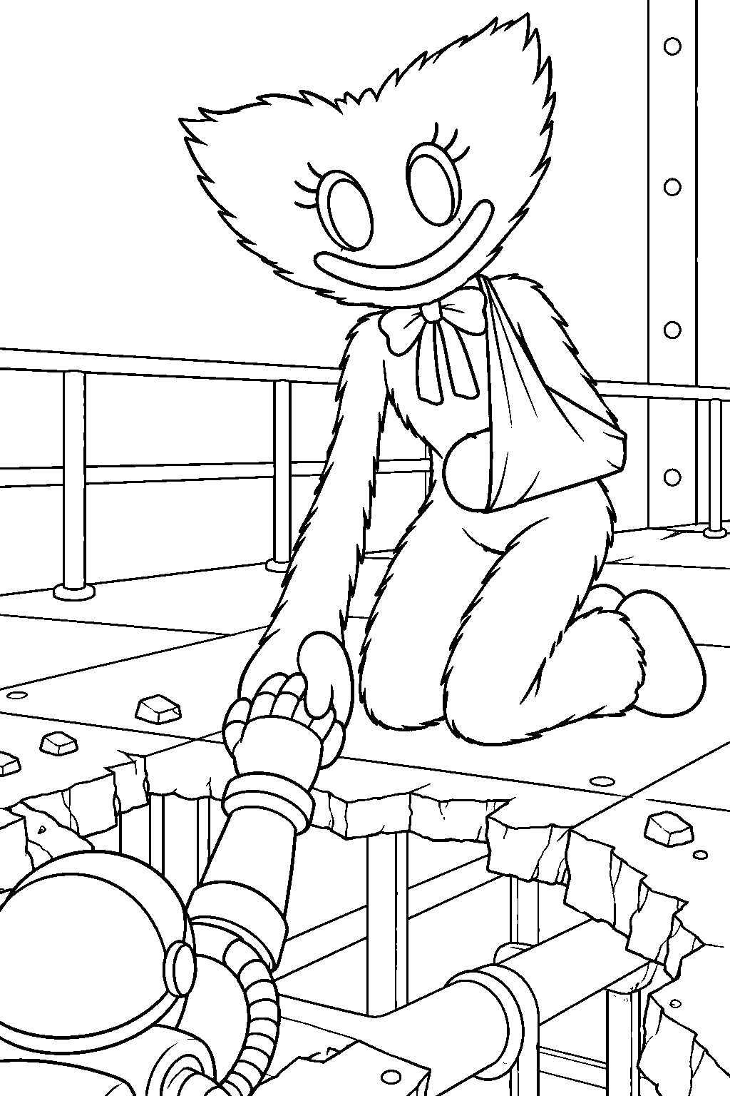 kissy missy kneeling beside a broken floor to help the player line art