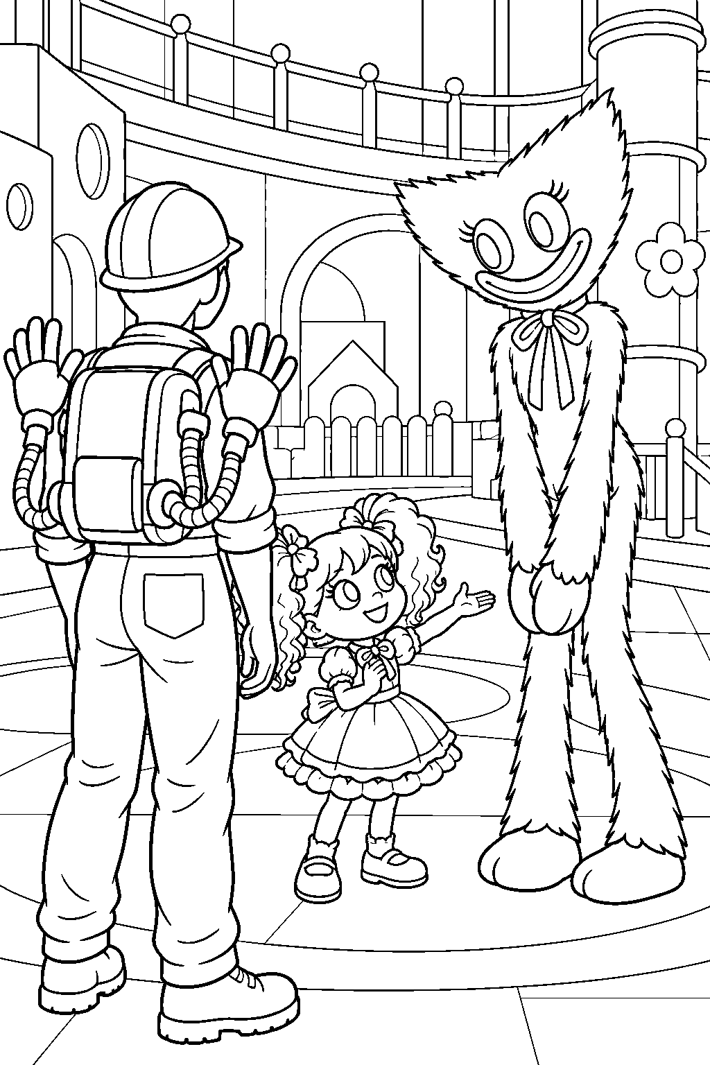 kissy missy listening as poppy introduces the player in playcare line art