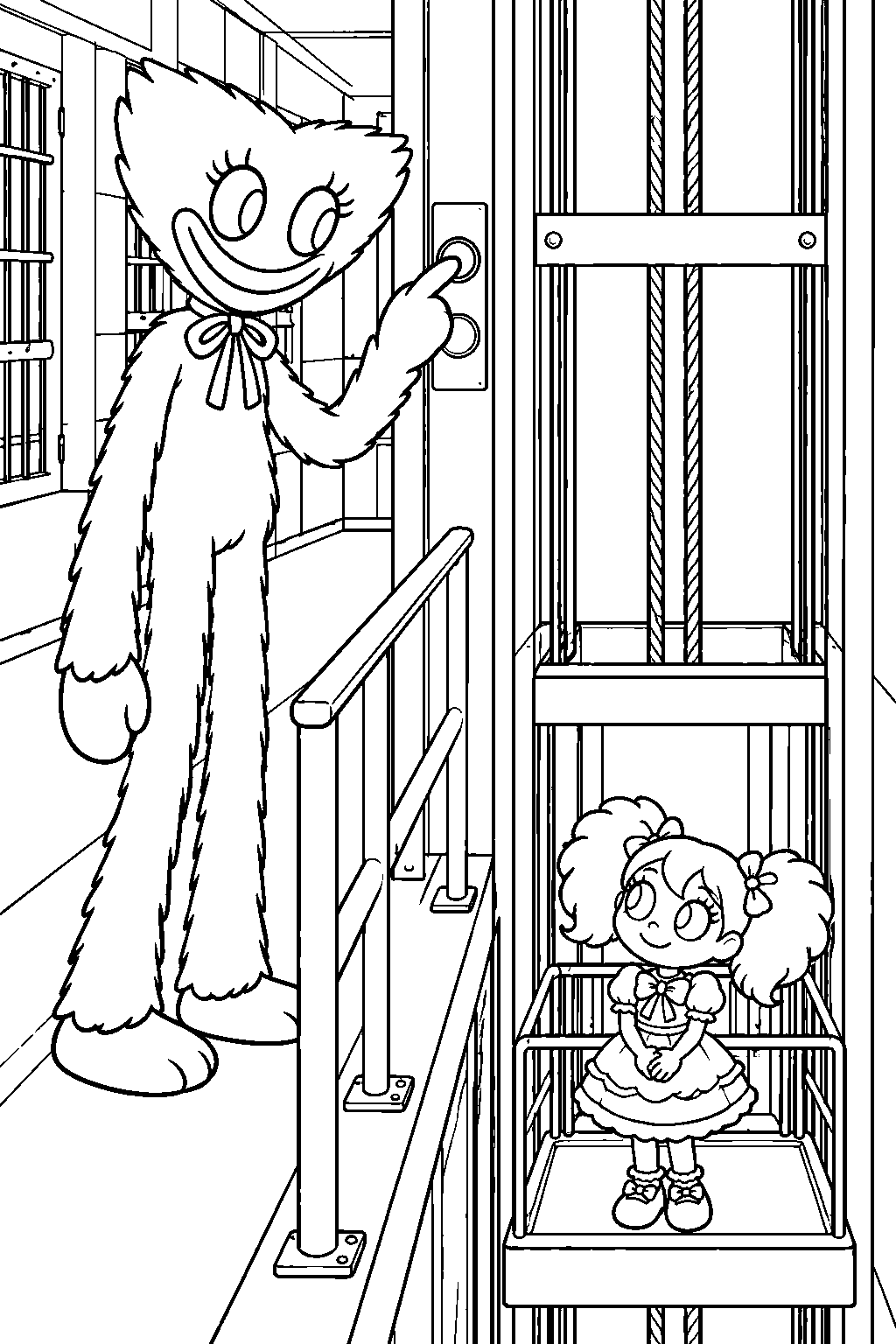 kissy missy operating the prison elevator while poppy descends line art