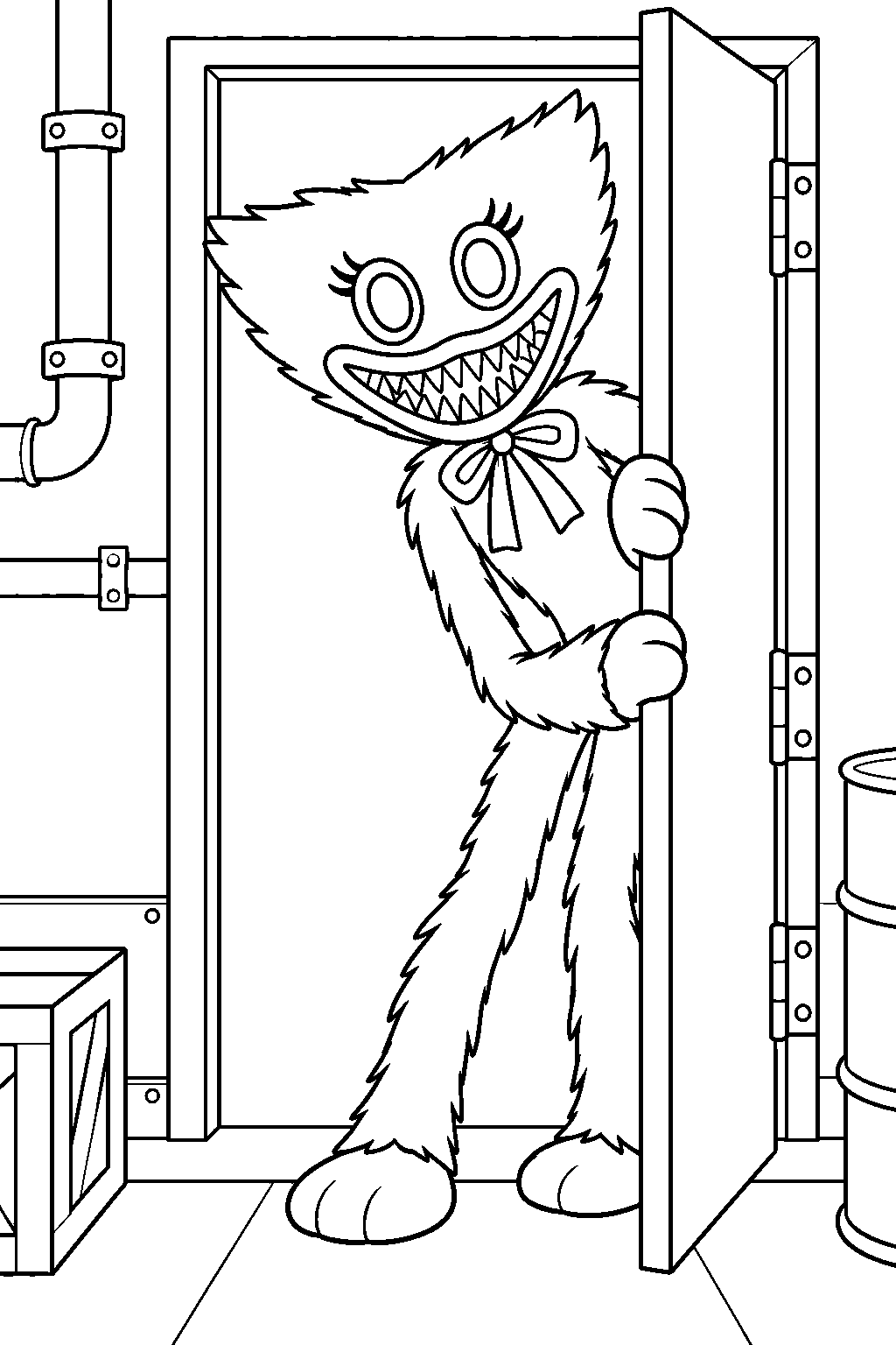 kissy missy peeking through a factory doorway with a sharp toothed grin line art