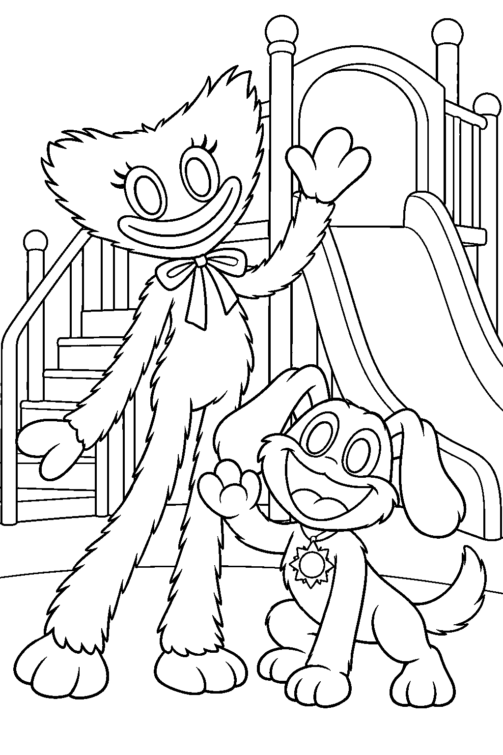 kissy missy playing with dogday beside the playcare slide line art