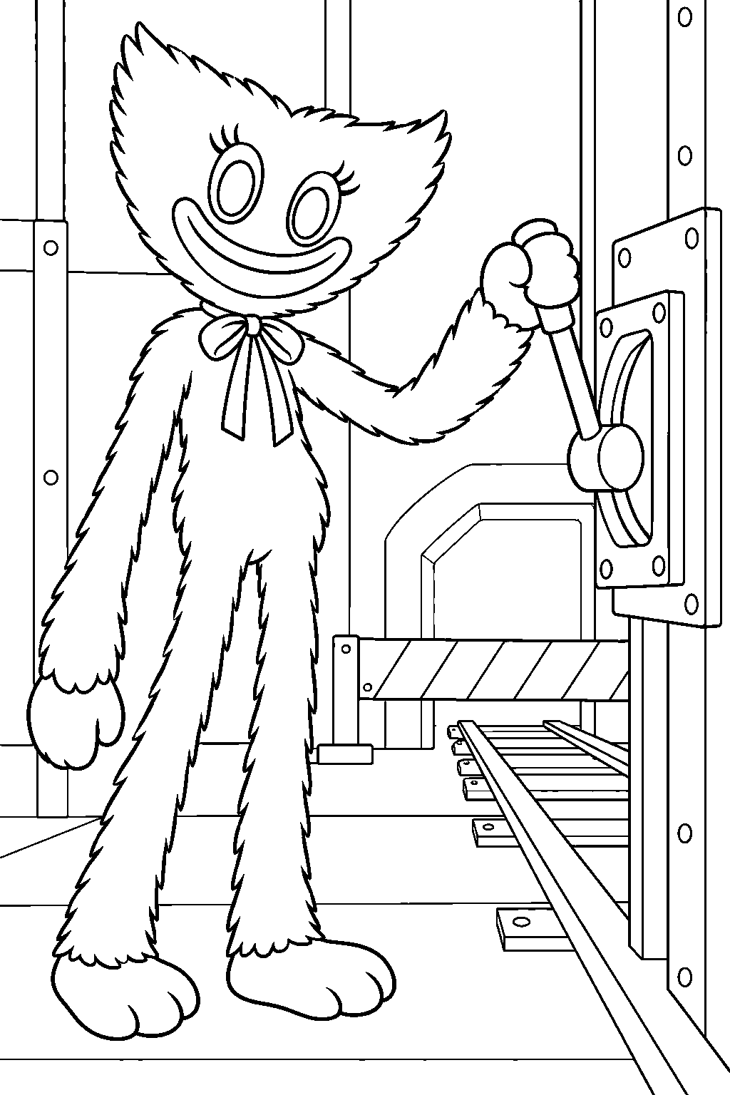 kissy missy pulling the railway gate lever in poppy playtime chapter 2 line art