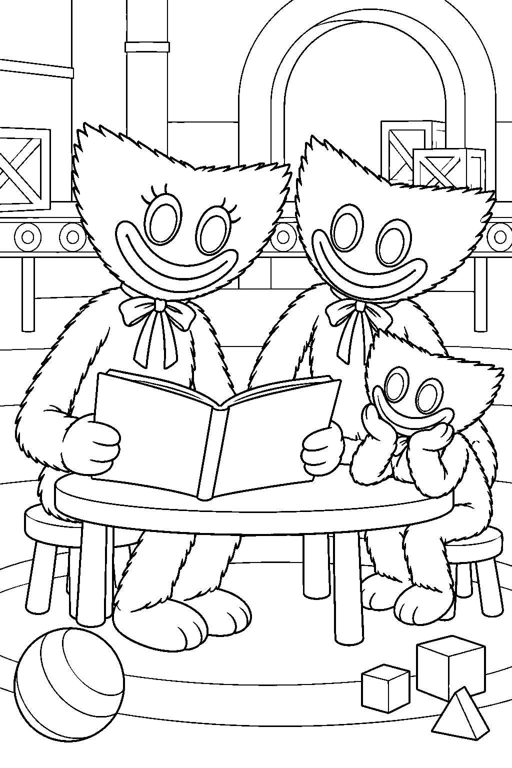 kissy missy reading a story to huggy wuggy and a mini huggy line art