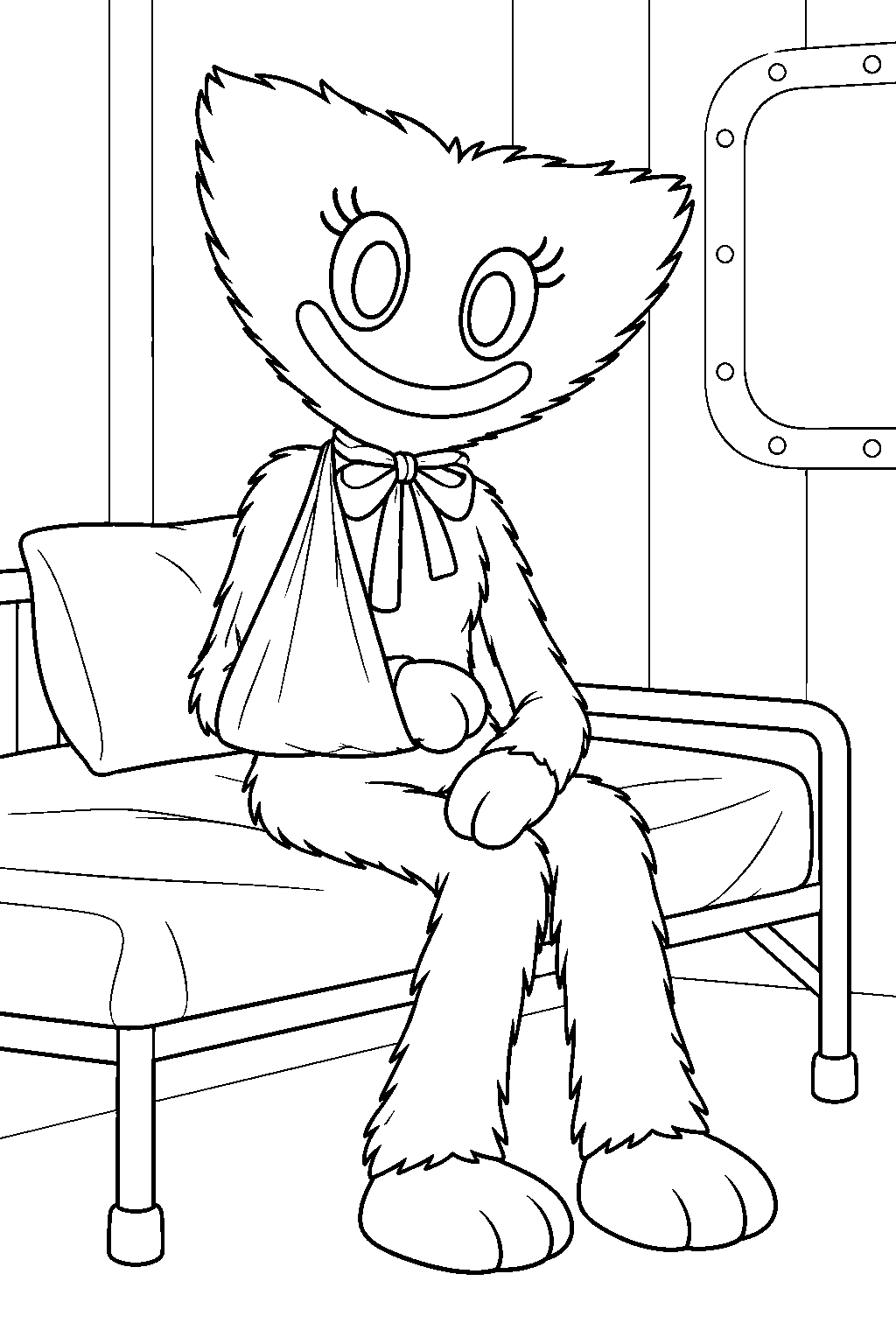 kissy missy resting with an arm sling in safe haven line art