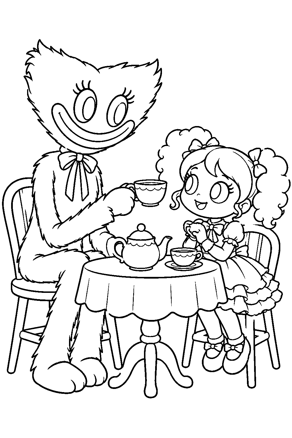 kissy missy serving tea to poppy at a small table line art