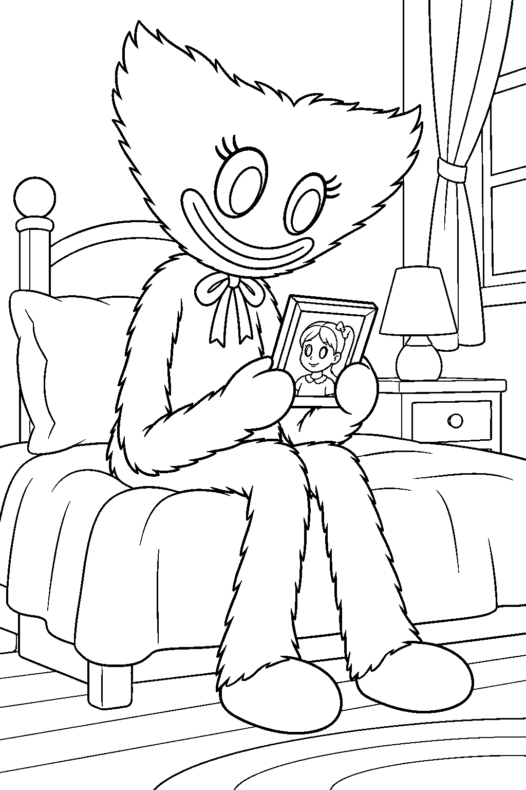 kissy missy sitting on a bed and looking at a girl s photograph in home sweet home line art