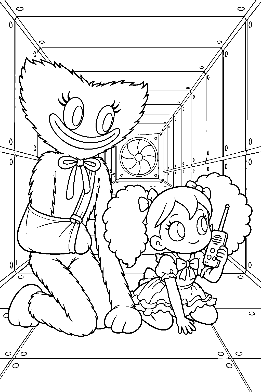 kissy missy waiting beside poppy as she calls ollie from the ventilation shaft line art