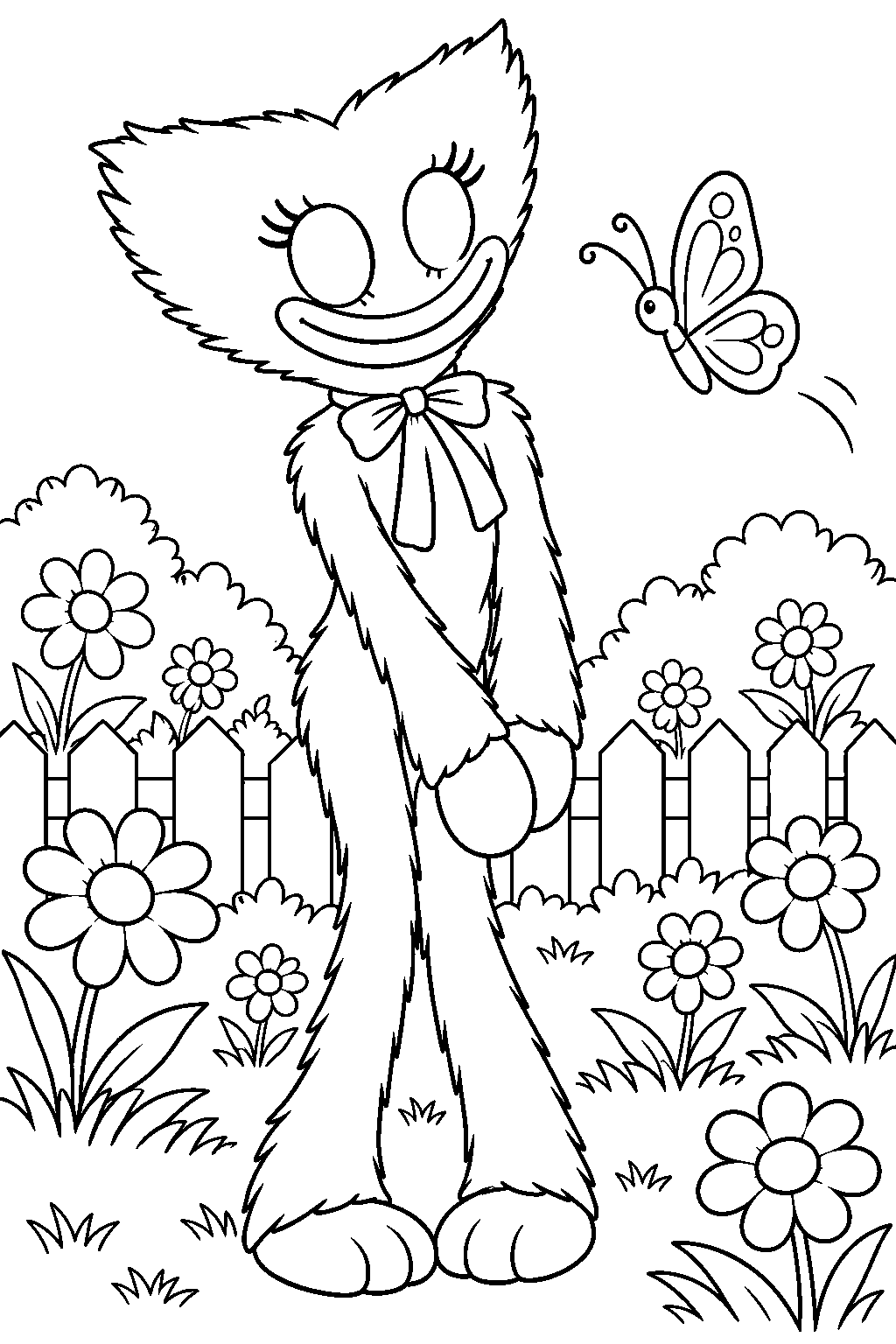 kissy missy watching a butterfly in a flower garden line art