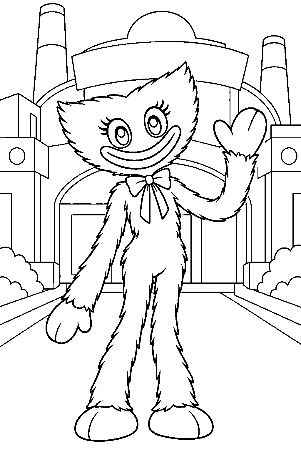 kissy missy waving at the playtime co factory entrance line art