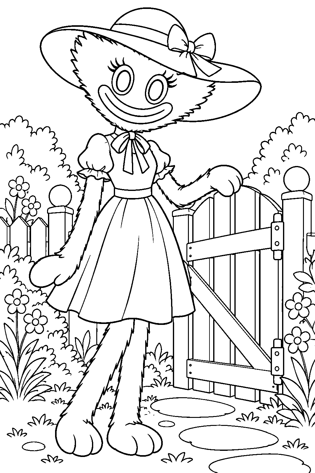 kissy missy wearing a dress and sun hat beside a garden gate line art