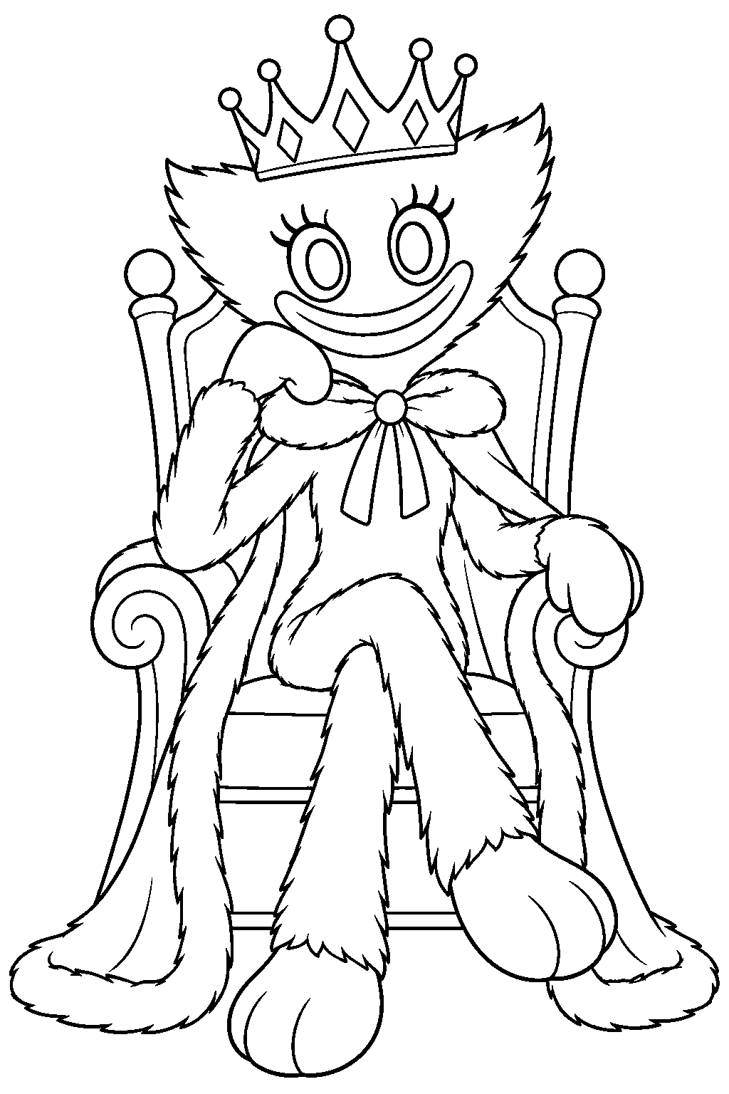 kissy missy wearing a queen s crown and cape on a toy throne line art