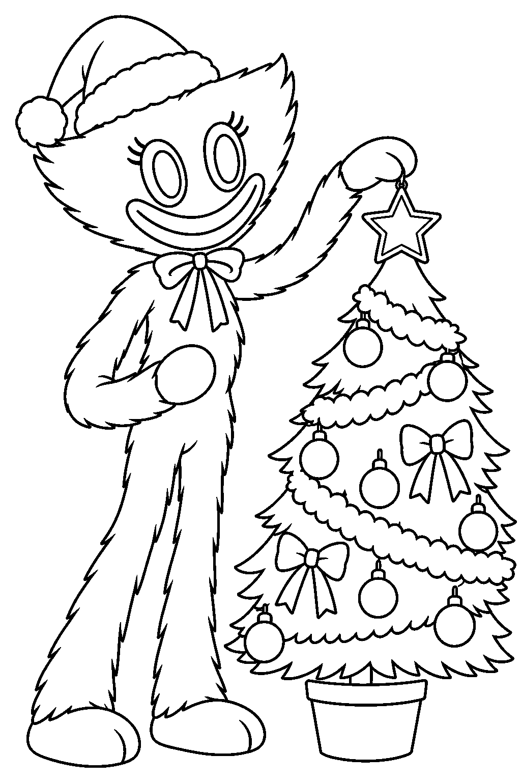 kissy missy wearing a santa hat and decorating a christmas tree line art