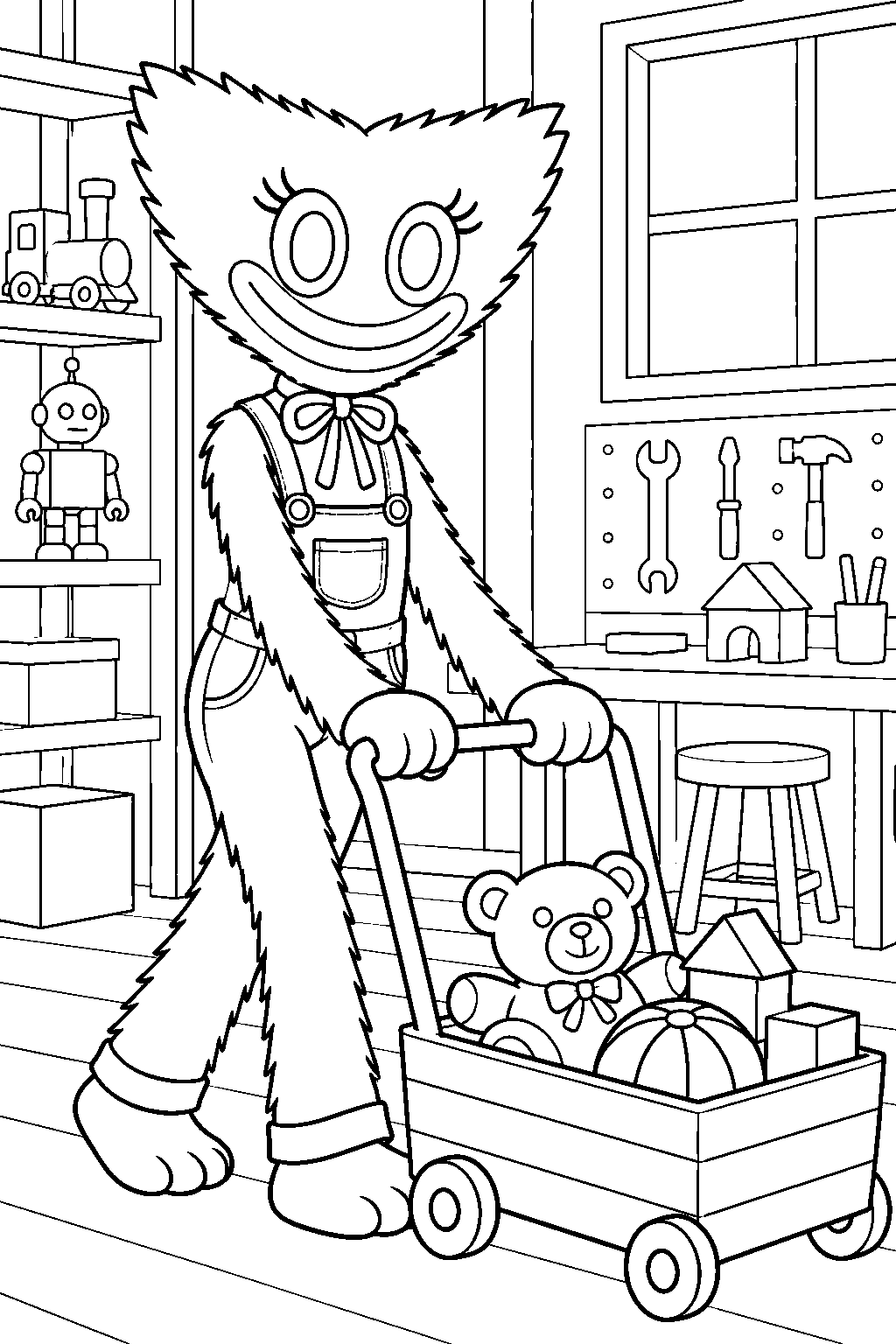 kissy missy wearing overalls and pushing a toy trolley through the workshop line art