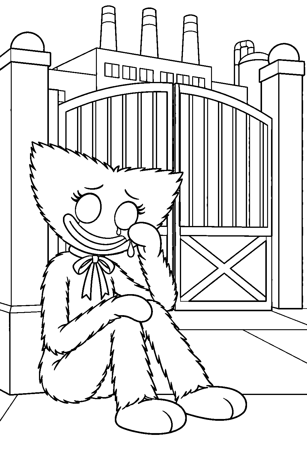 kissy missy wiping away tears beside a closed factory gate line art