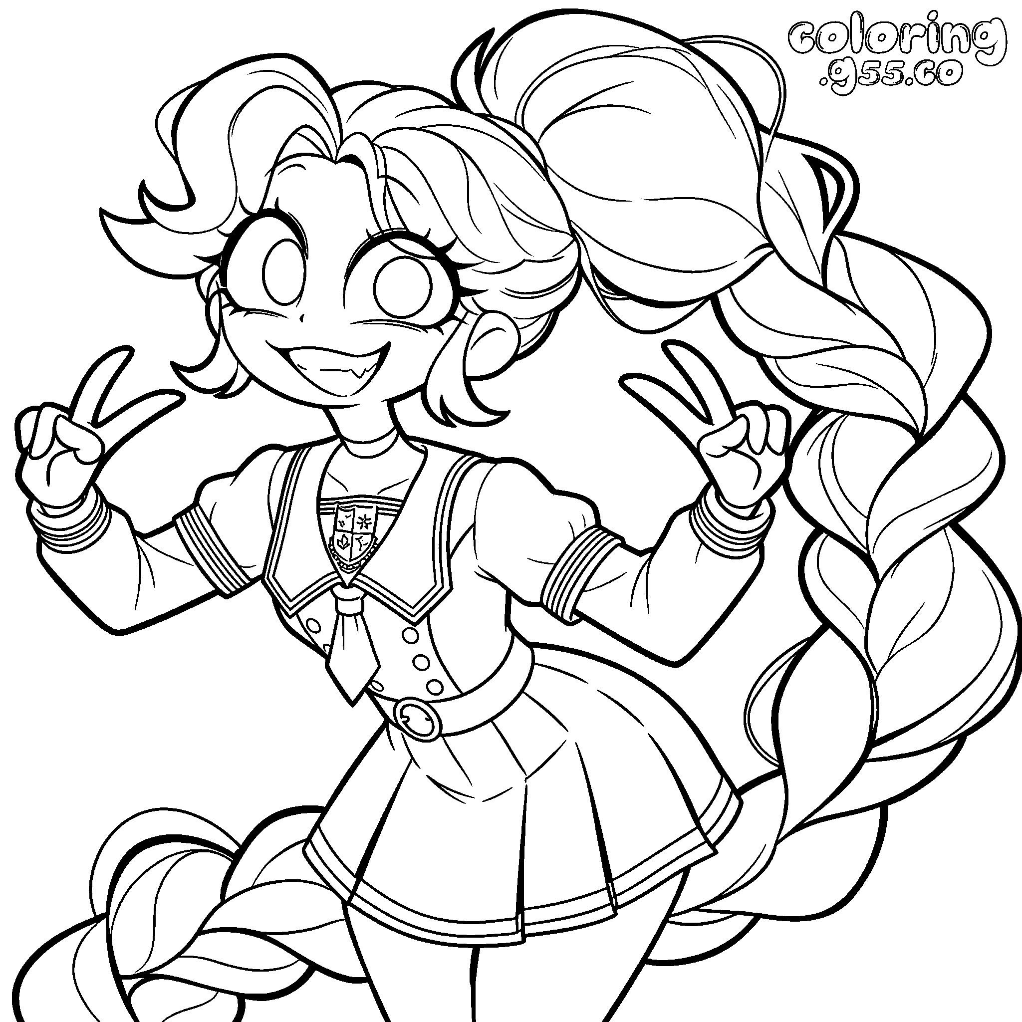 anime school uniform double peace signs high ponytail braid lily lovebraids poppy playtime line art