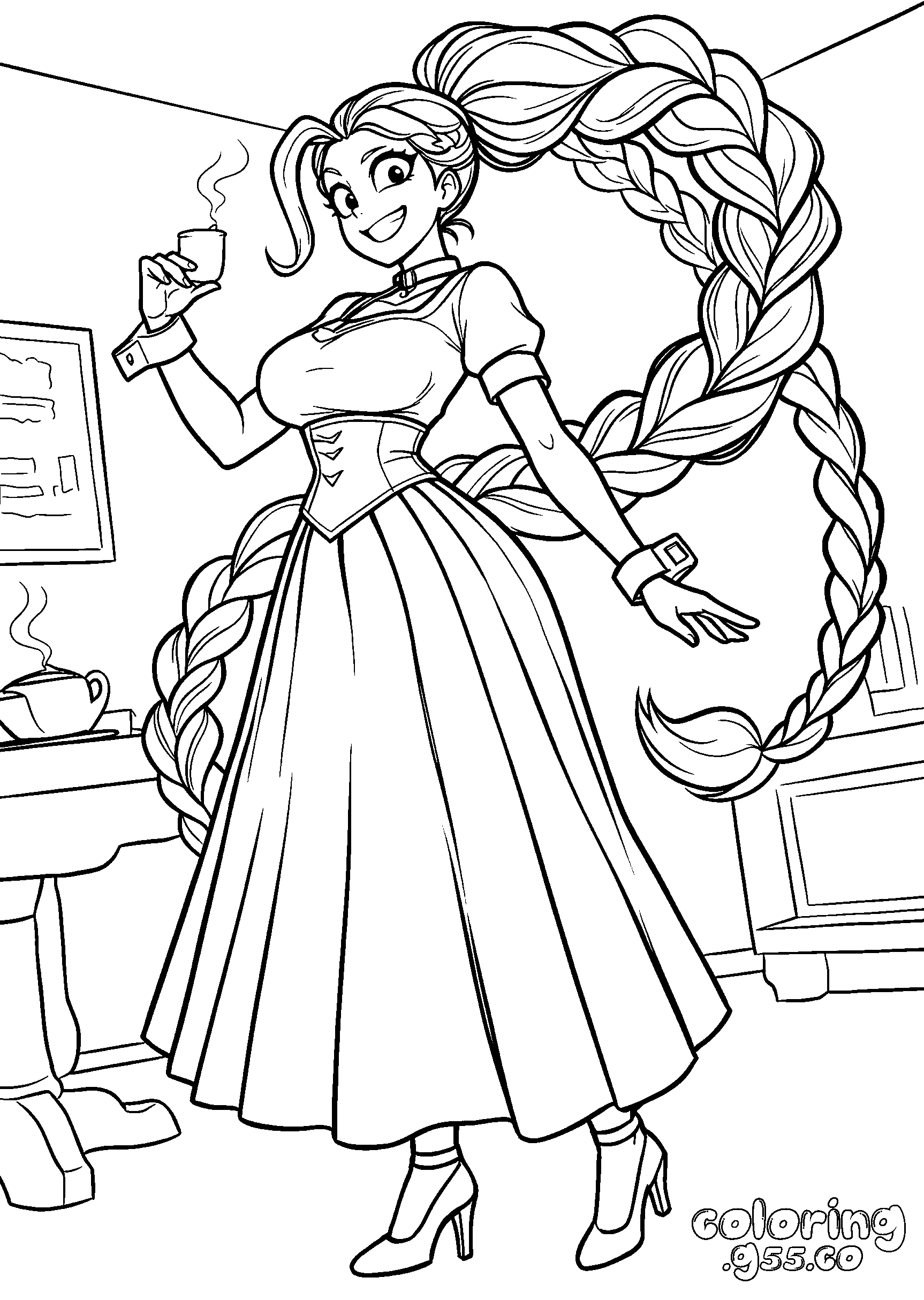 cozy coffee break victorian dress long hair loop lily lovebraids poppy playtime line art