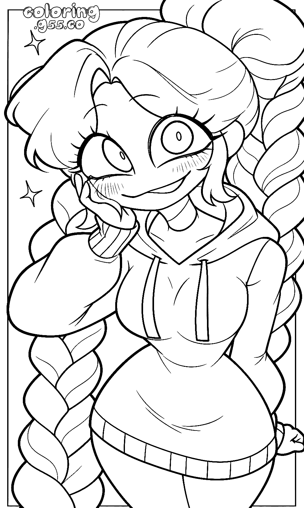cozy hoodie aesthetic head rest pose soft sparkles lily lovebraids poppy playtime line art