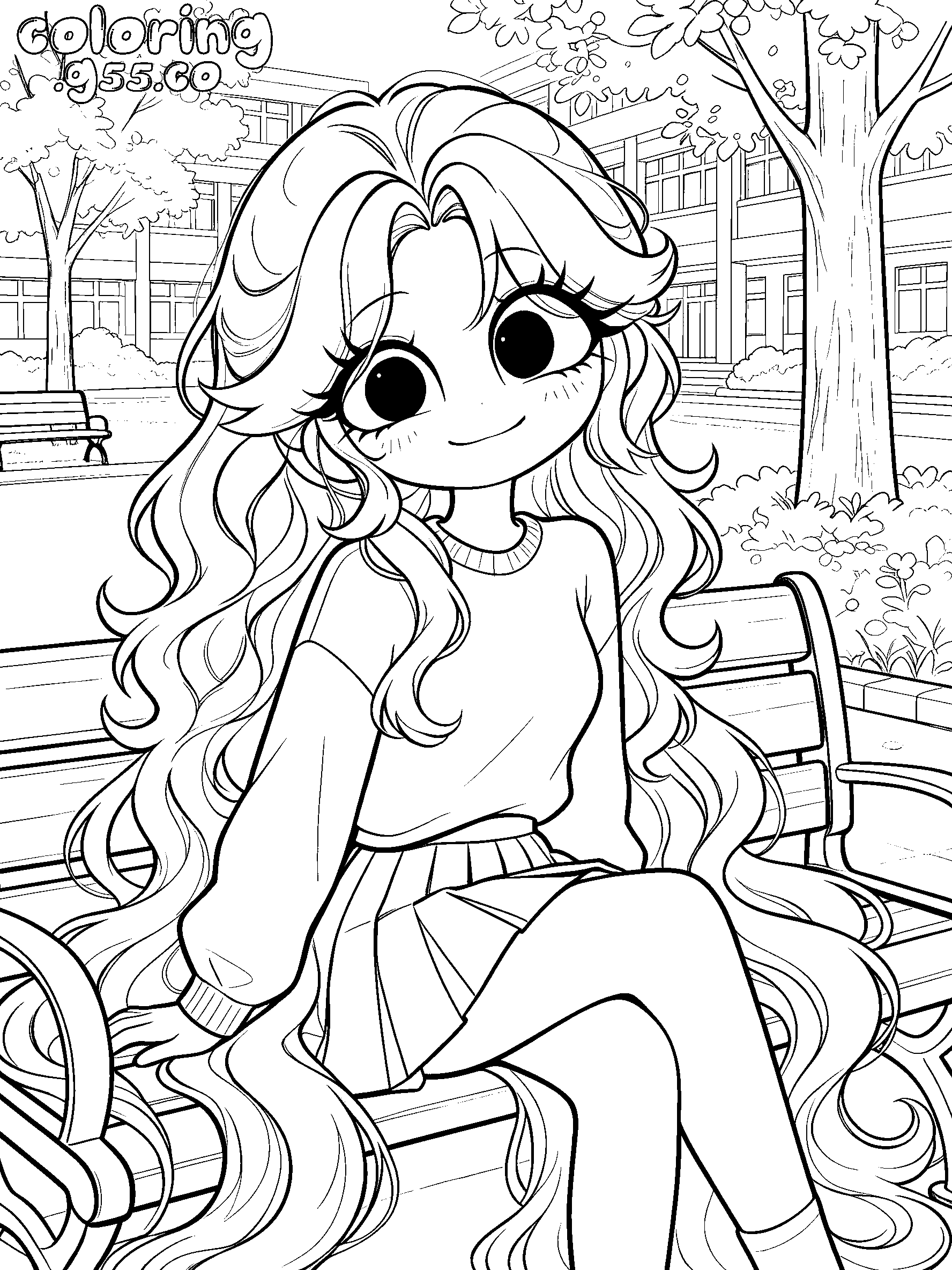 cozy park bench long wavy hair oversized sweater lily lovebraids poppy playtime line art