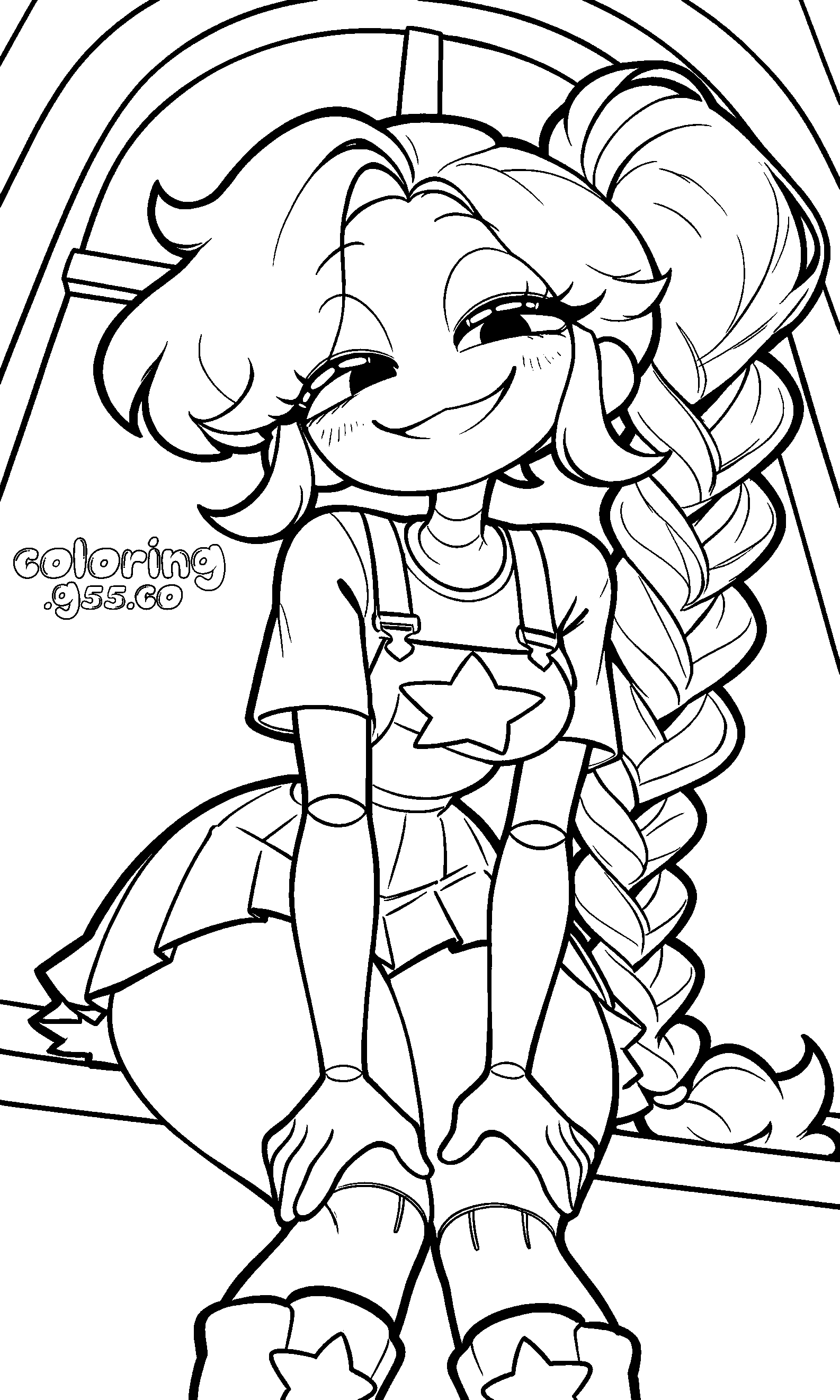 cozy window sill smirk pose star overall skirt high ponytail braid lily lovebraids poppy playtime line art