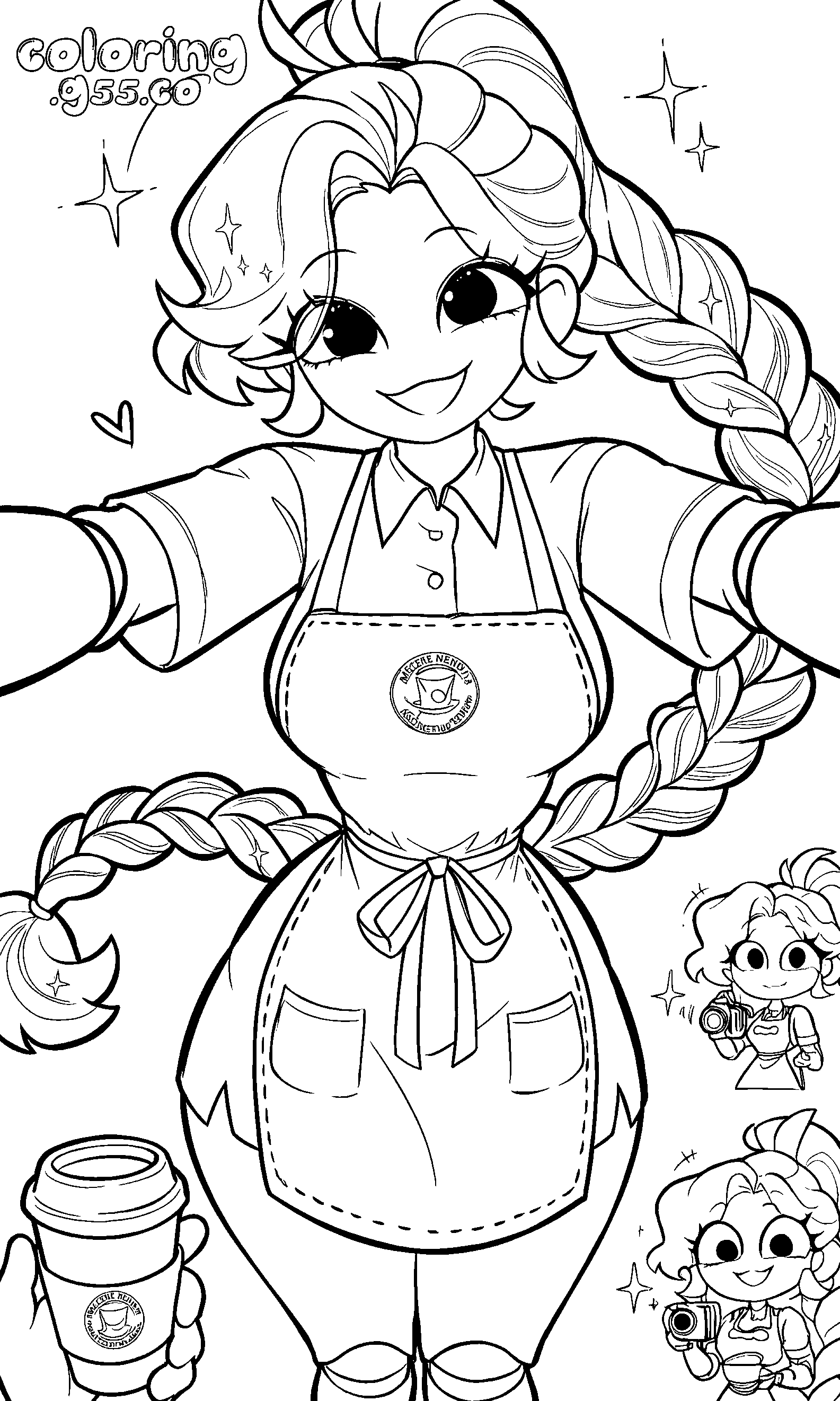 cute barista coffee selfie apron twin braids lily lovebraids poppy playtime line art