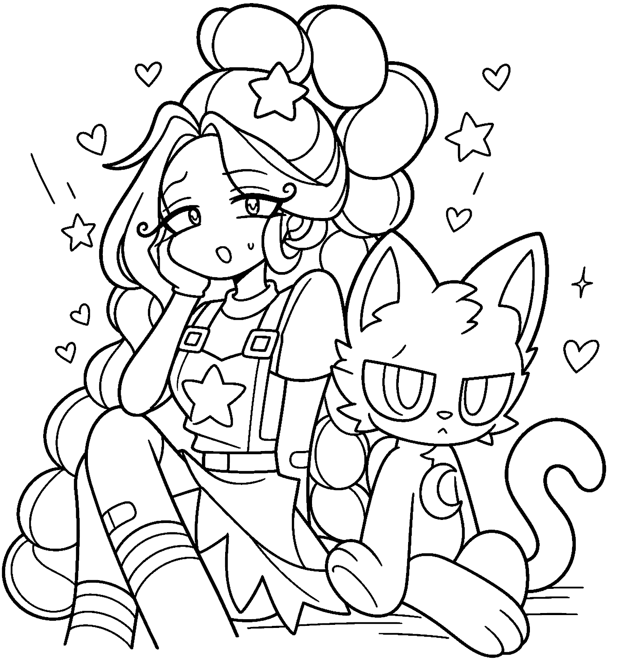 cute catnap kitten star overalls lily lovebraids poppy playtime line art