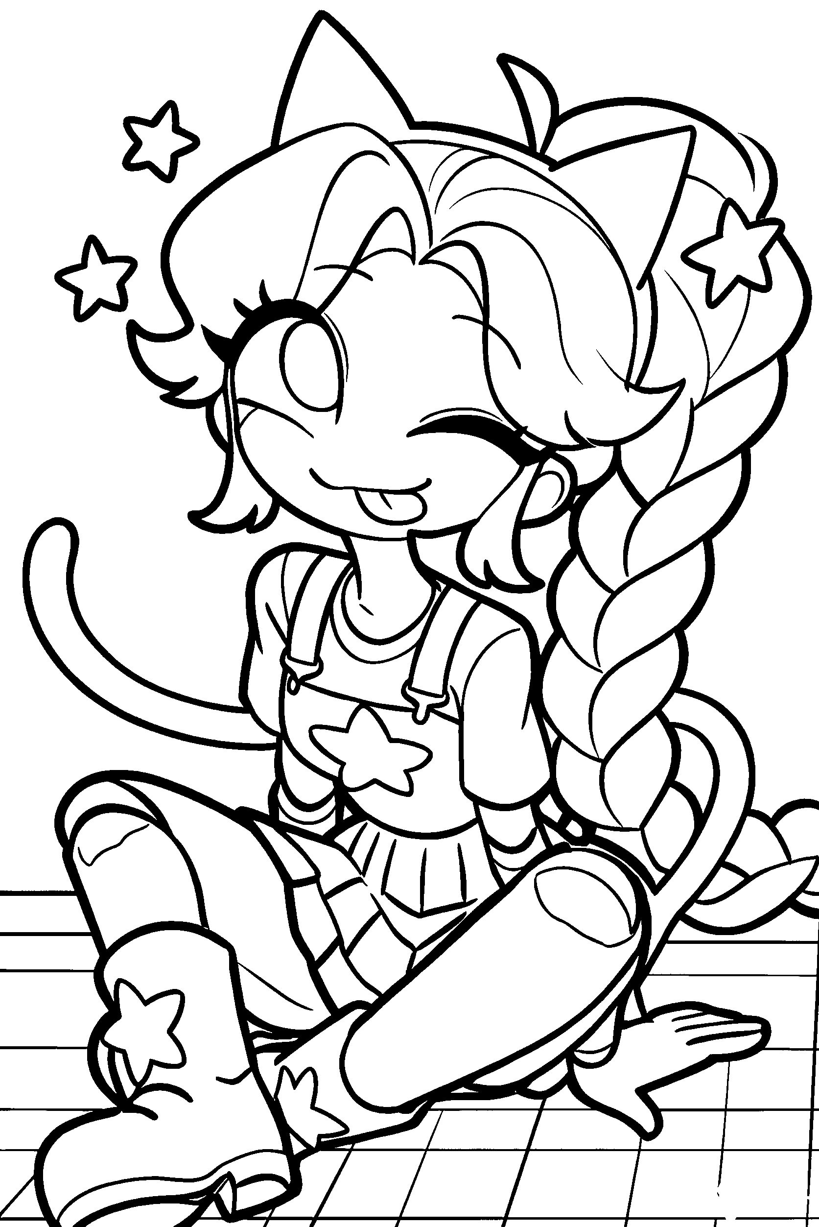 cute neko cat ears star overalls lily lovebraids poppy playtime line art