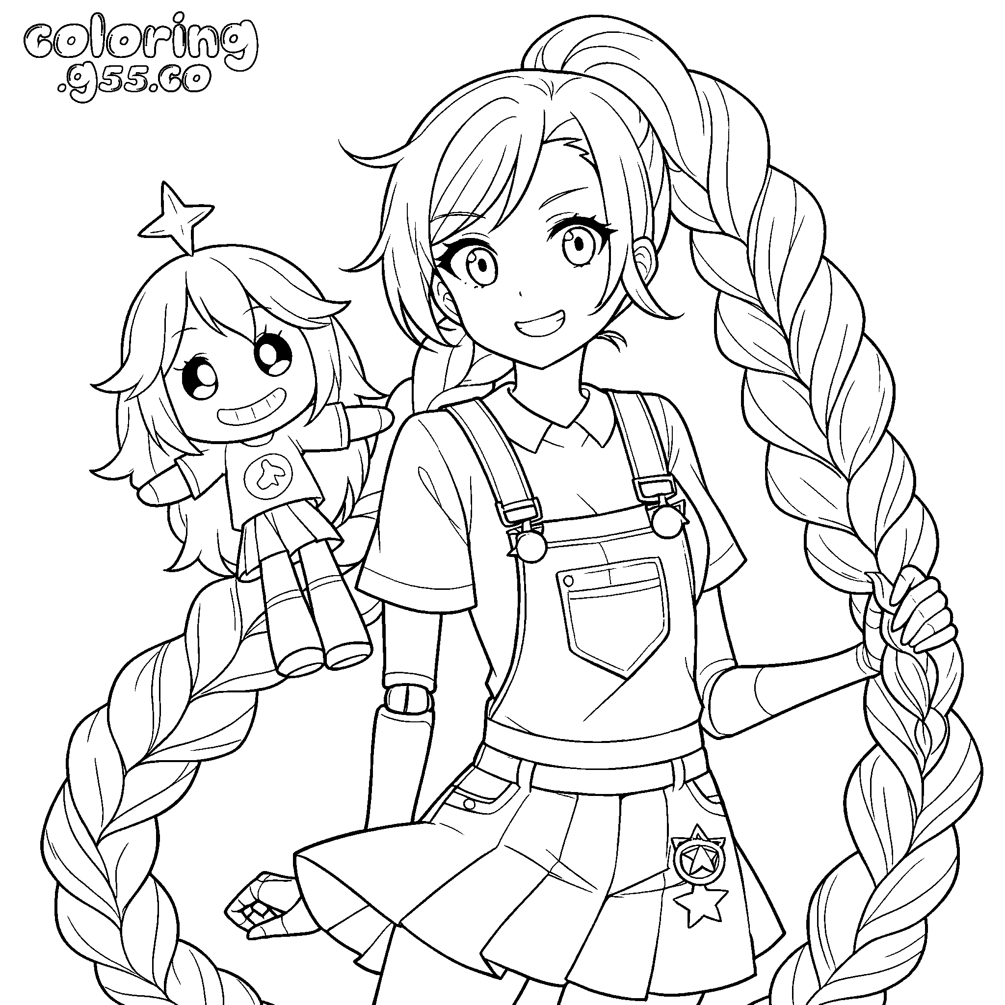 cute plushie companion overall skirt high ponytail braid lily lovebraids poppy playtime line art