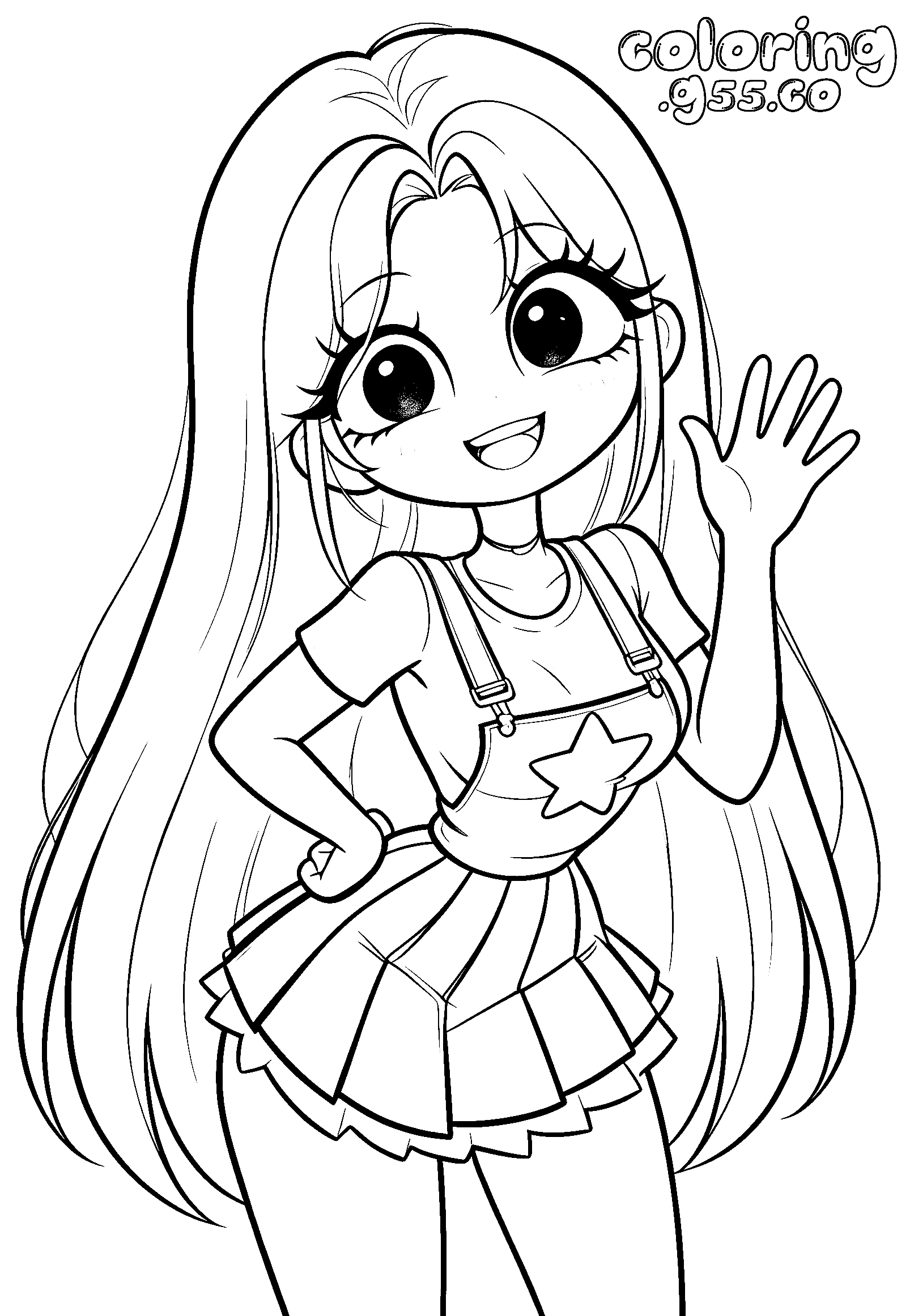 cute waving chibi girl long straight hair star overall dress lily lovebraids poppy playtime line art