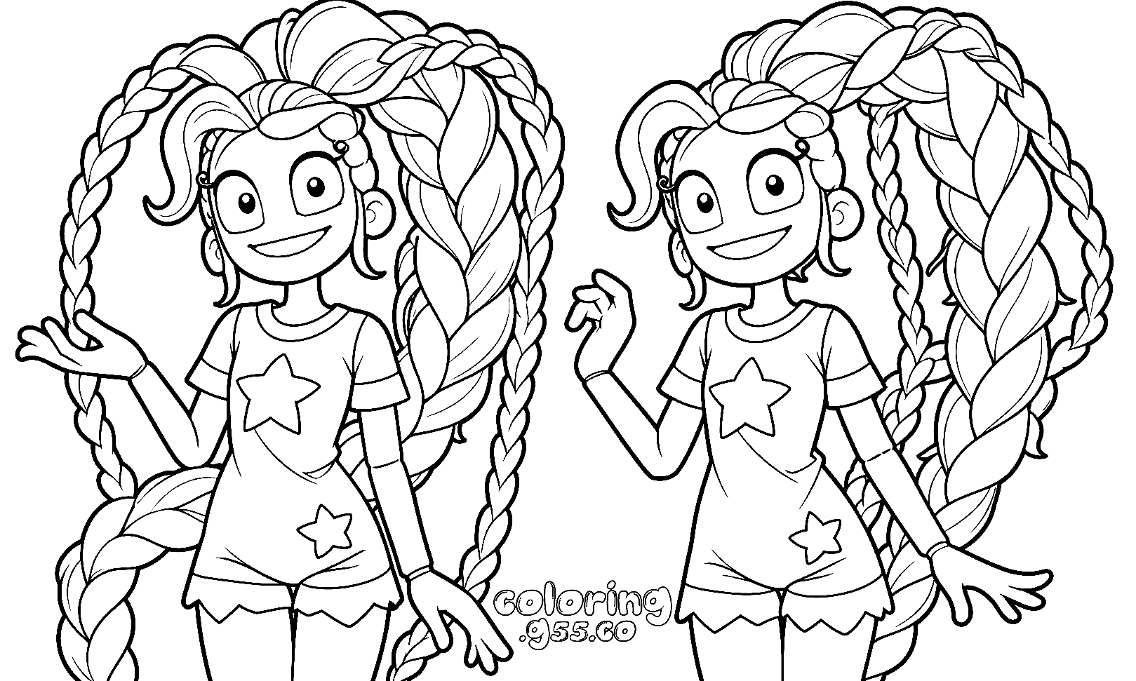 double twin sisters duo huge braided ponytails star tees lily lovebraids poppy playtime line art