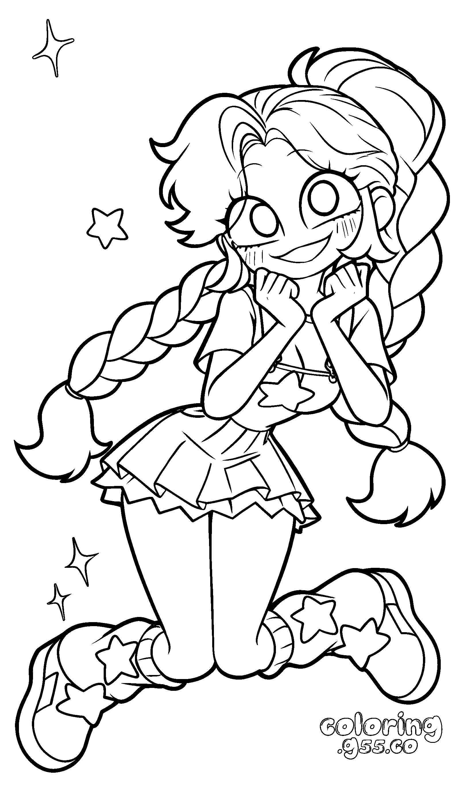 dynamic kneeling jump double hands chin resting lily lovebraids poppy playtime line art