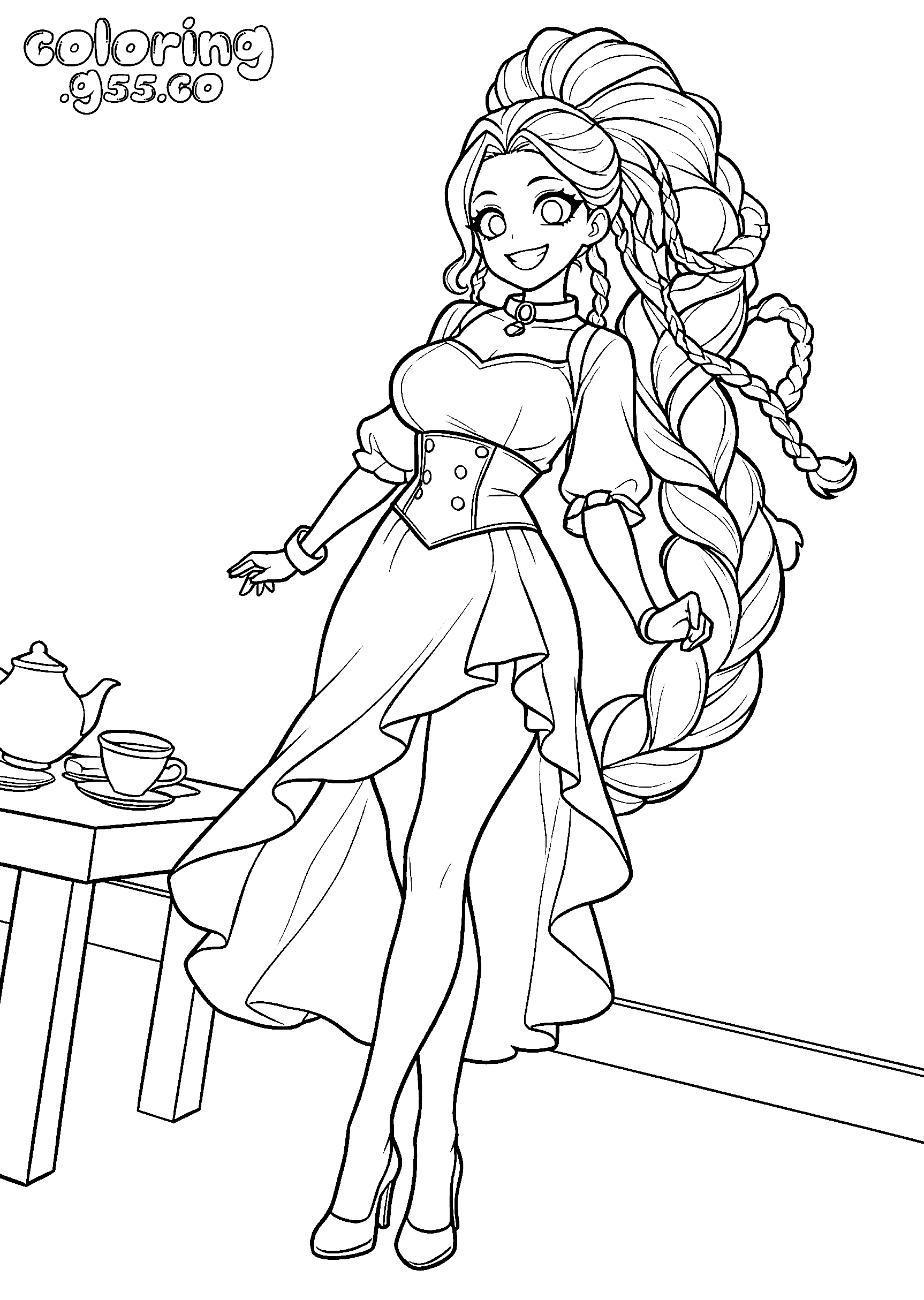 elegant vintage corset high low dress teapot tea time lily lovebraids poppy playtime line art