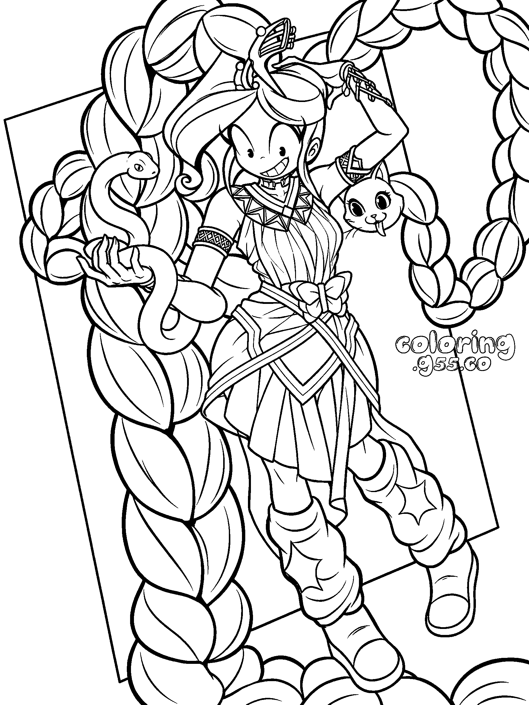 fantasy princess snake charmer floating cat friend massive braid lily lovebraids poppy playtime line art