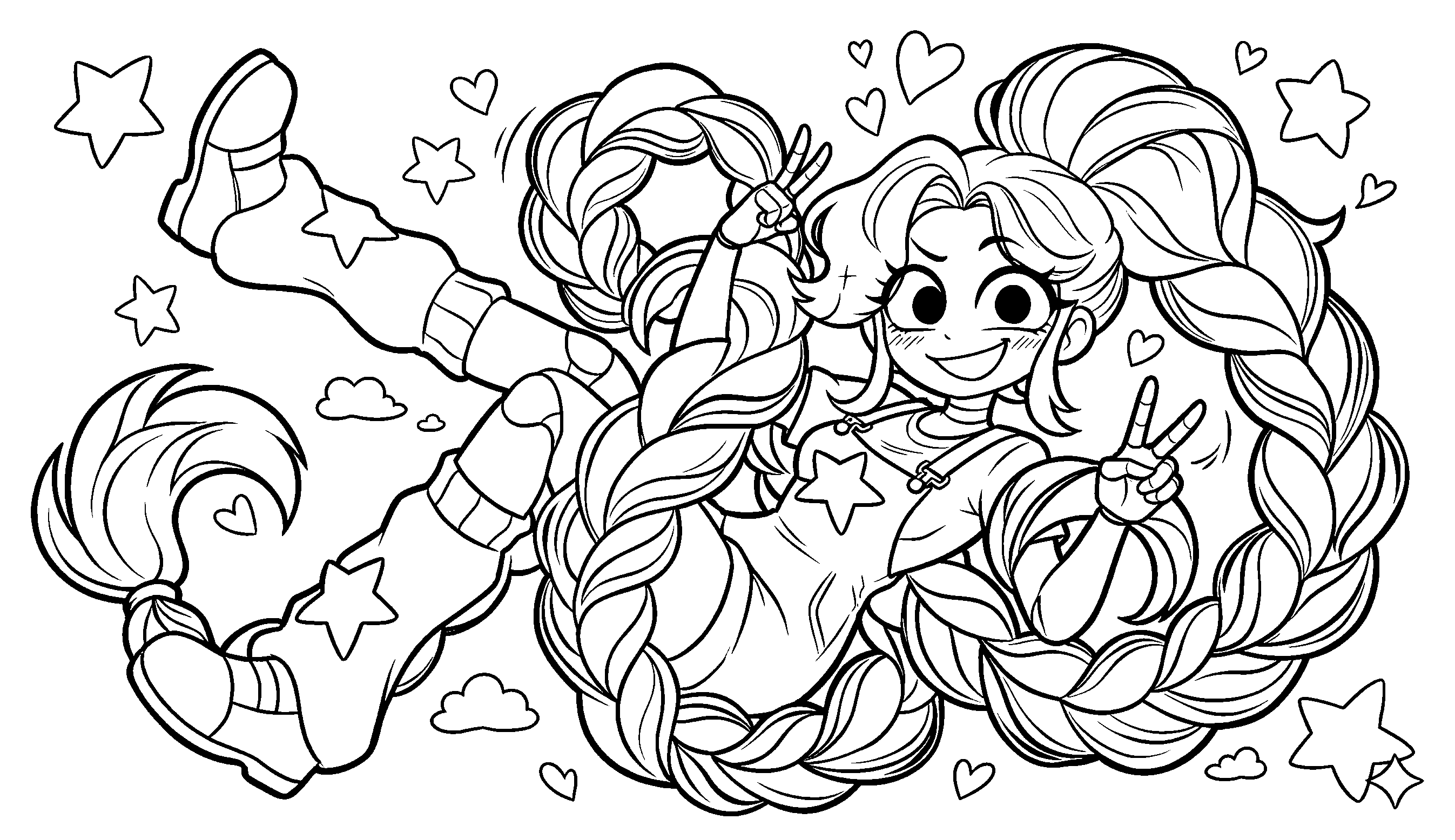 floating peace sign swirling braids lily poppy playtime line art
