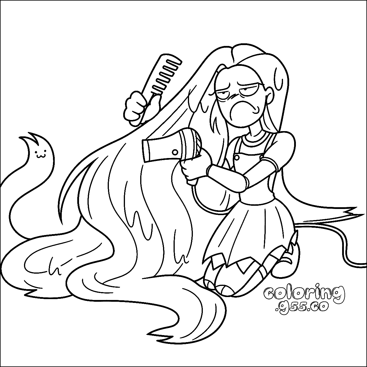 funny haircare routine blow dryer comb long hair struggle lily lovebraids poppy playtime line art