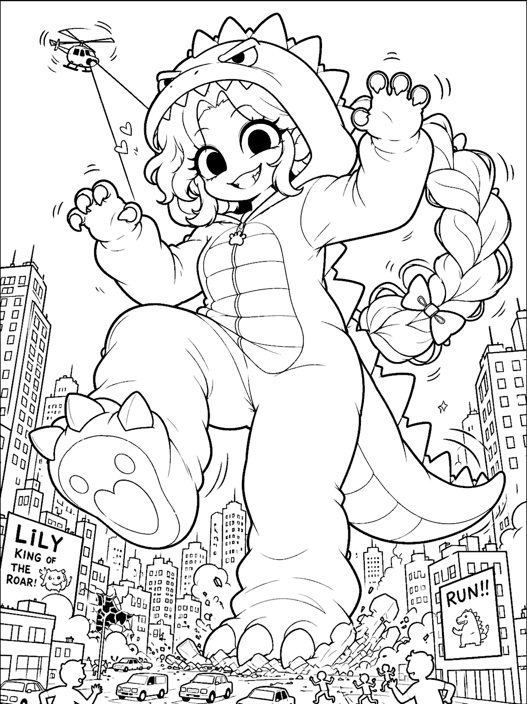 giant kaiju dinosaur kigurumi city attack lily lovebraids poppy playtime line art
