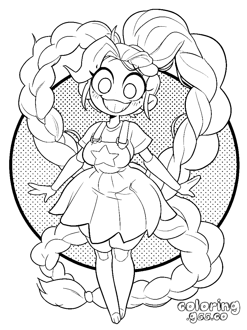 halftone circle badge huge swirling hair lily lovebraids poppy playtime line art