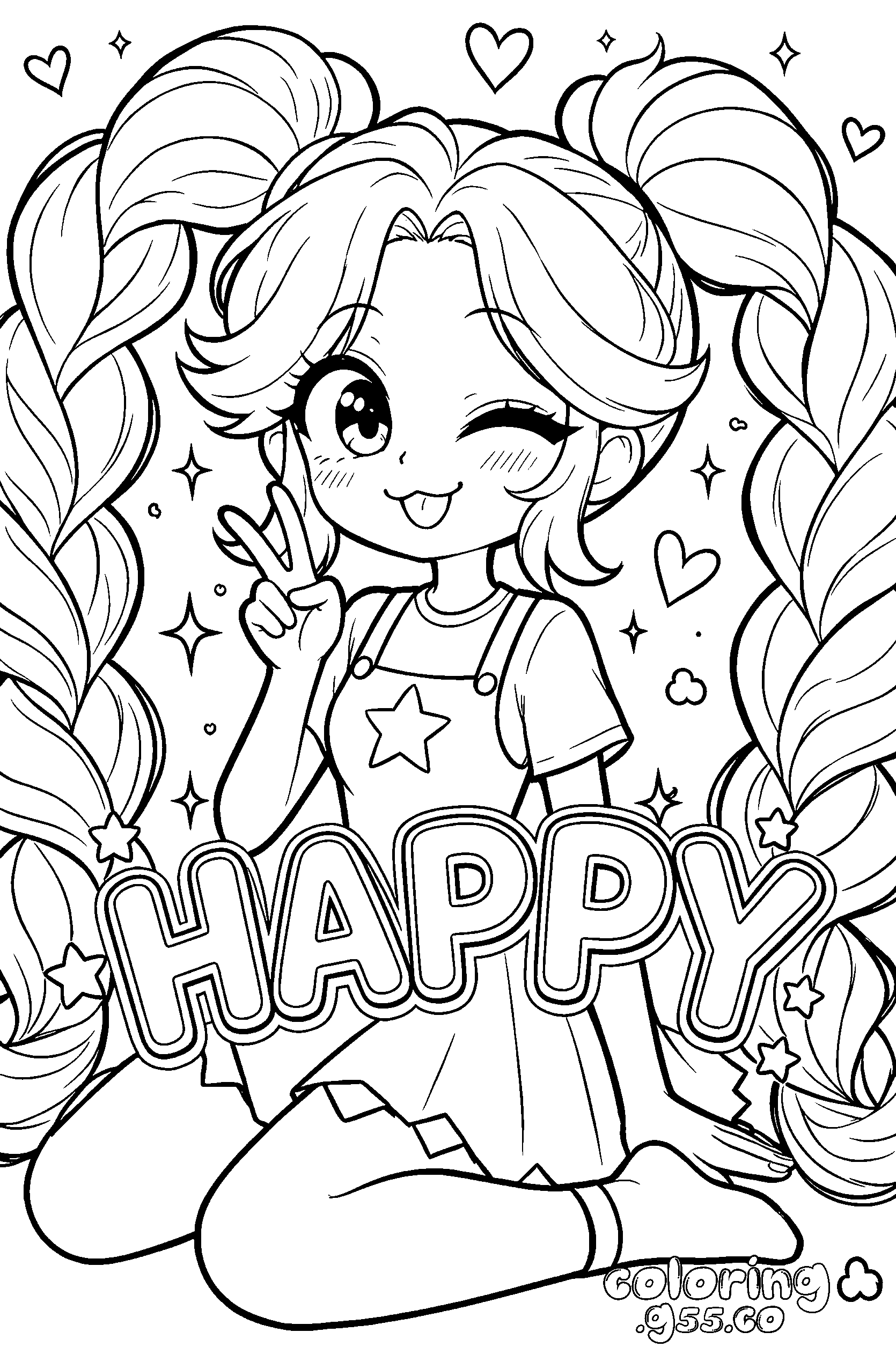 happy typography winking peace sign twin braids lily lovebraids poppy playtime line art