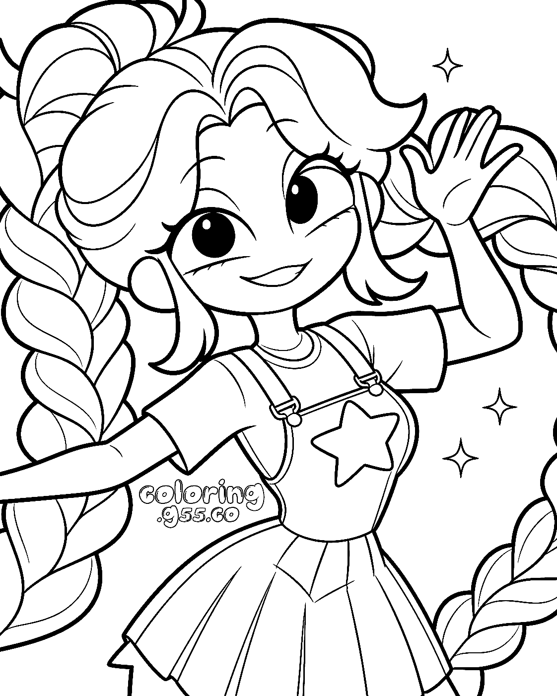 happy waving star overall dress twin braids lily lovebraids poppy playtime line art