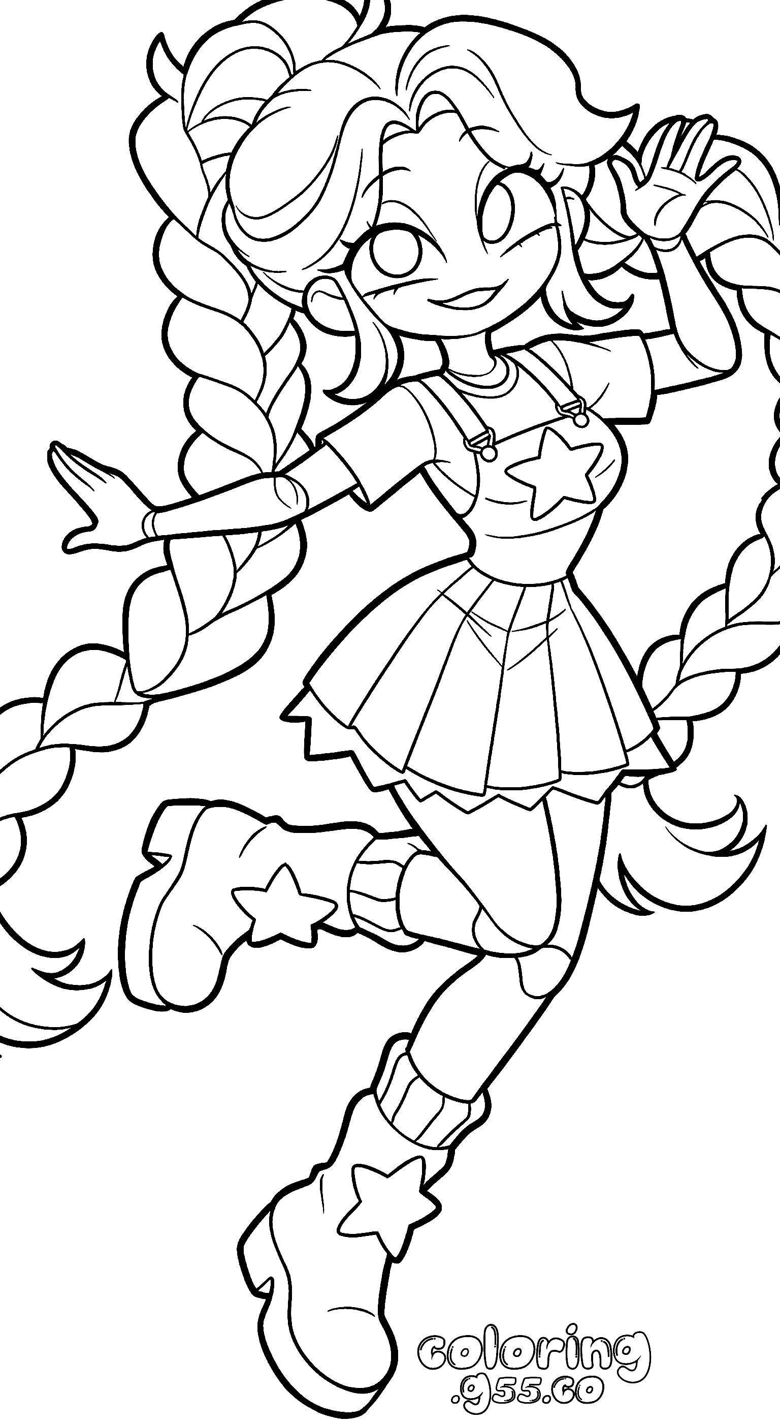 joyful mid air jump wave pose star overall dress twin braids lily lovebraids poppy playtime line art