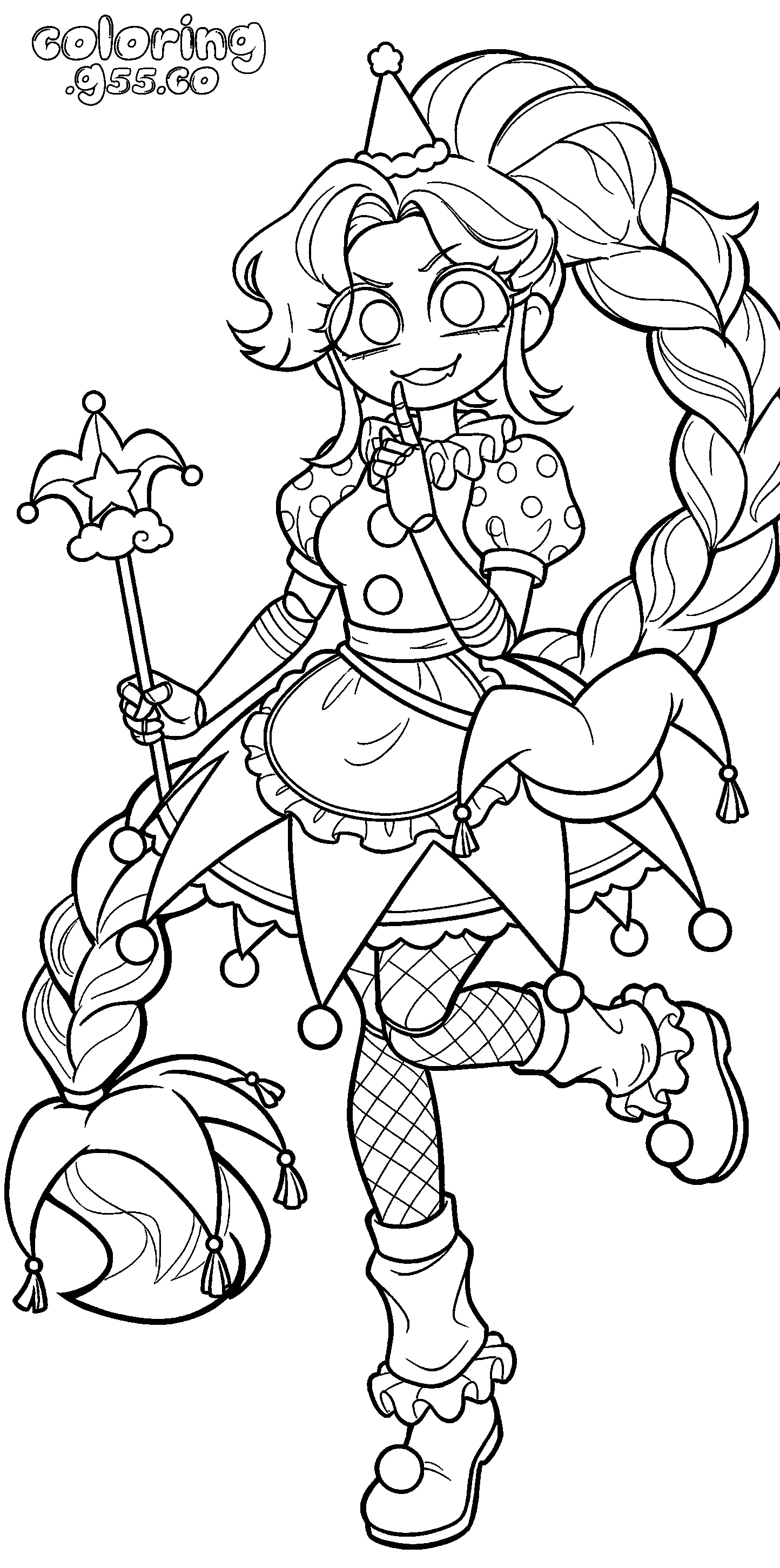 playful jester circus magic wand shh pose polka dot dress lily lovebraids poppy playtime line art