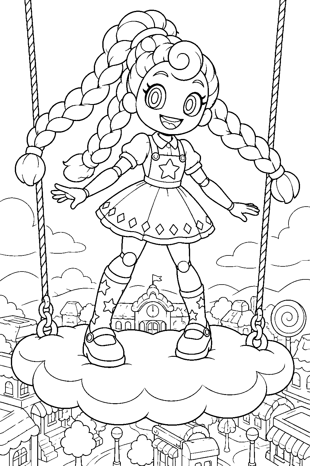 poppy playtime lily lovebraids balancing on a hanging cloud platform above sweet street line art