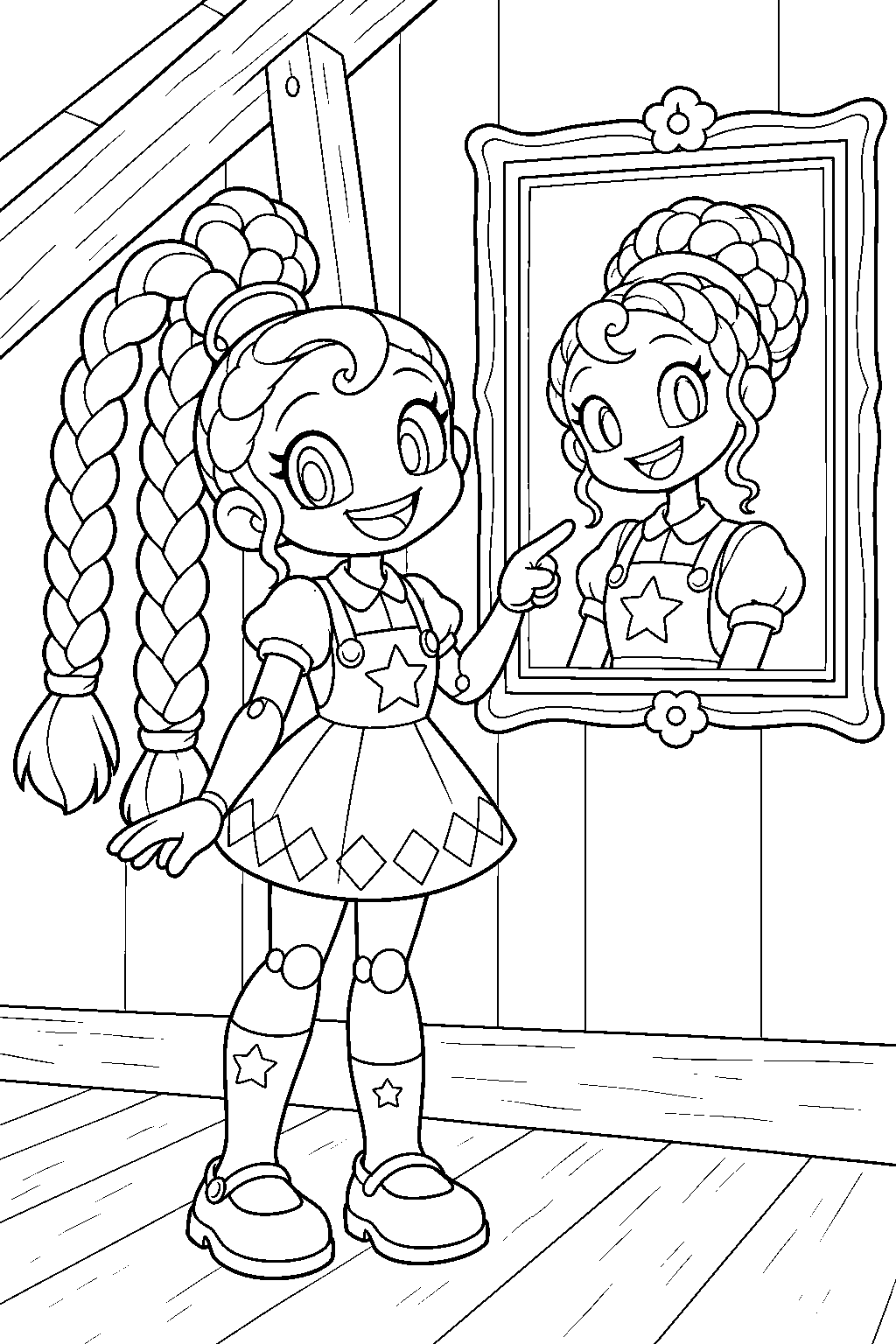 poppy playtime lily lovebraids beside her framed portrait in the dollhouse attic line art