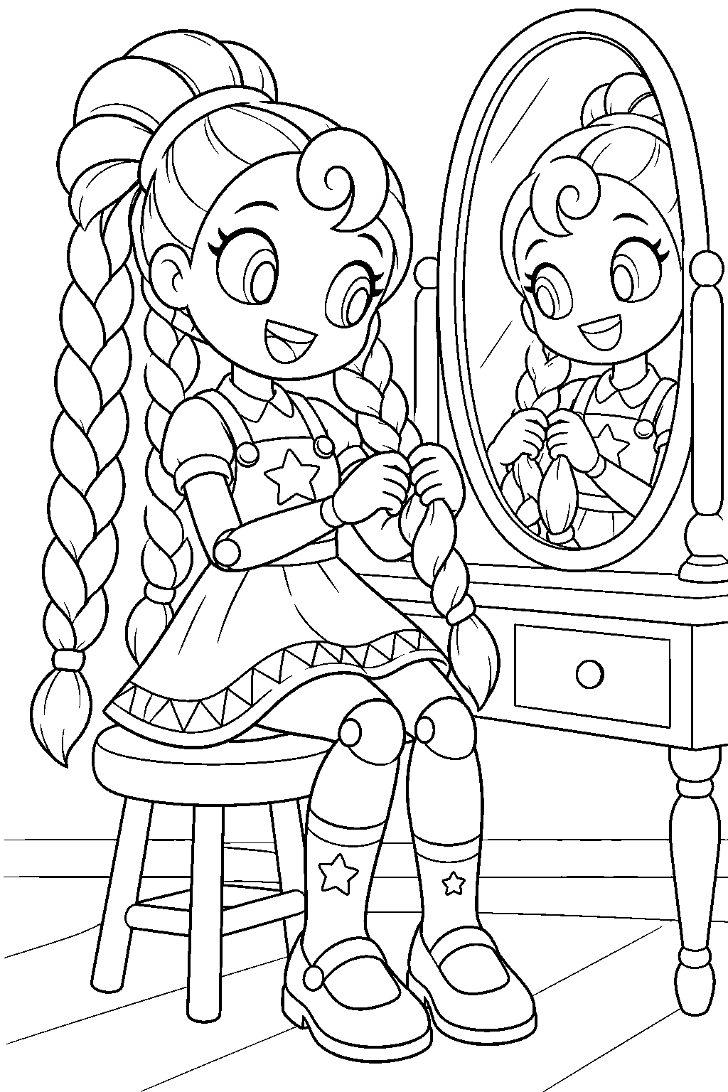 poppy playtime lily lovebraids braiding her hair in front of a mirror line art