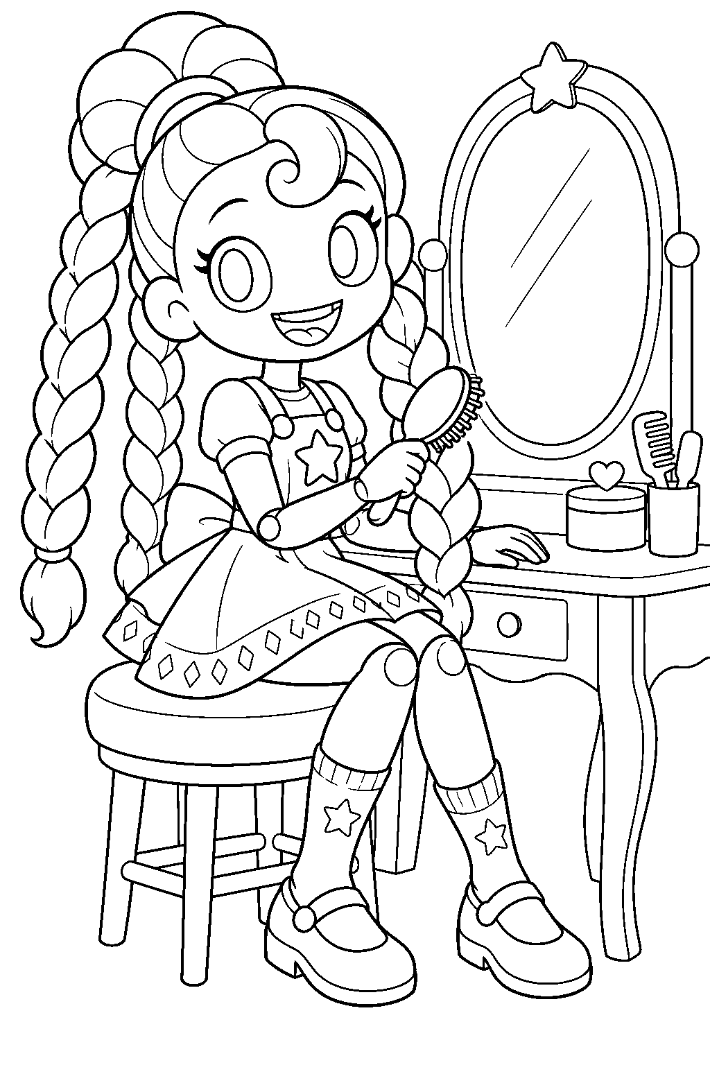 poppy playtime lily lovebraids brushing her hair at a dressing table line art