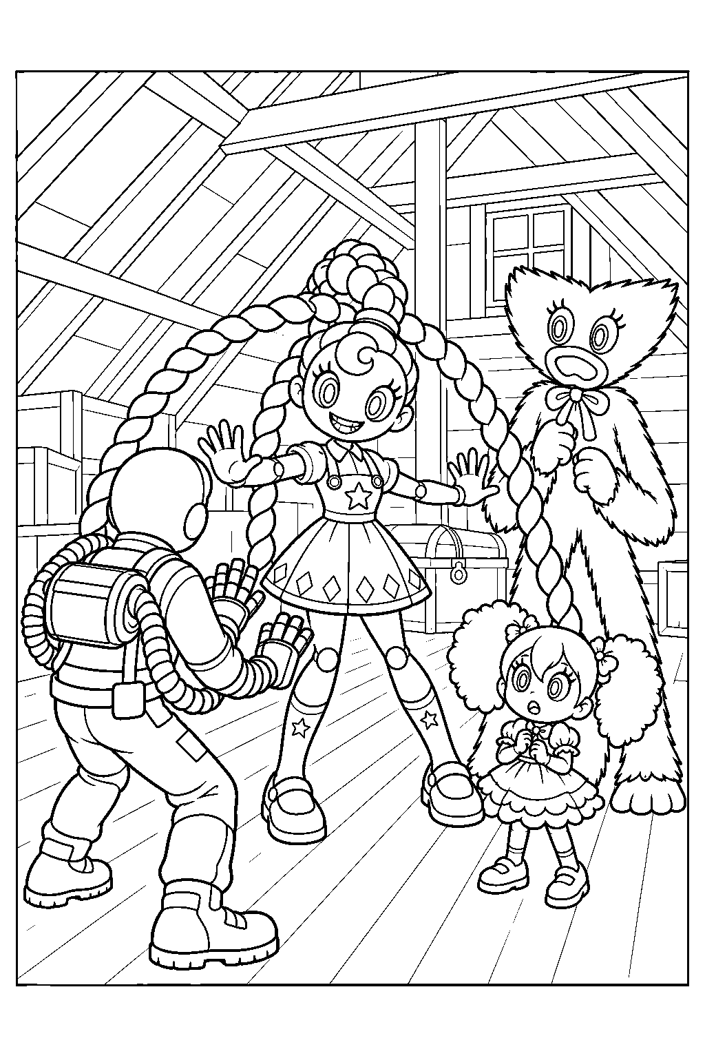 poppy playtime lily lovebraids catching the player poppy and kissy missy in the attic line art