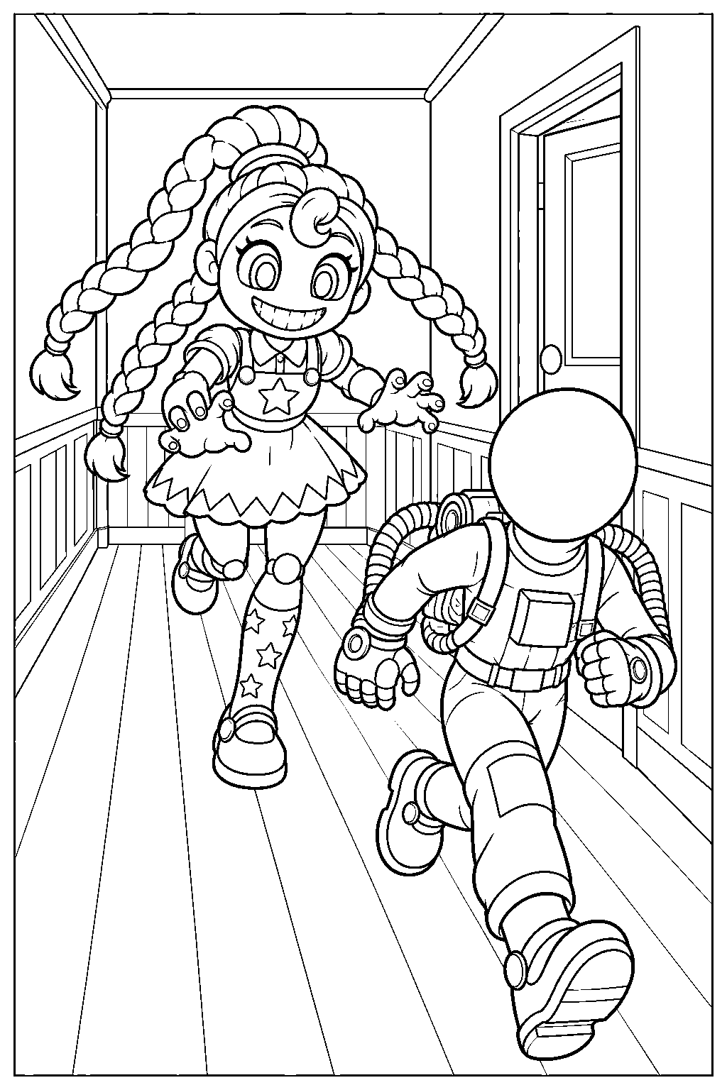 poppy playtime lily lovebraids chasing the player through a dollhouse hallway line art